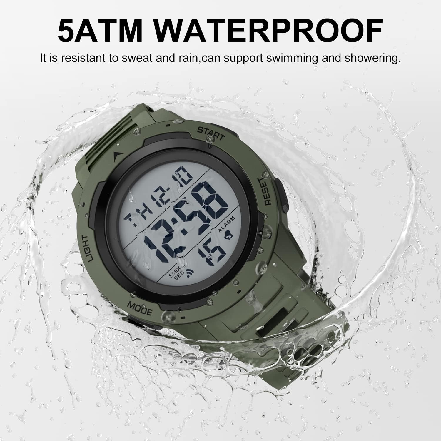 Detalle de GOLDEN HOUR Herren Digitaluhr mit breitem Display, wasserdicht bis 50 m – Militär-Stil, Gummi-Armband
