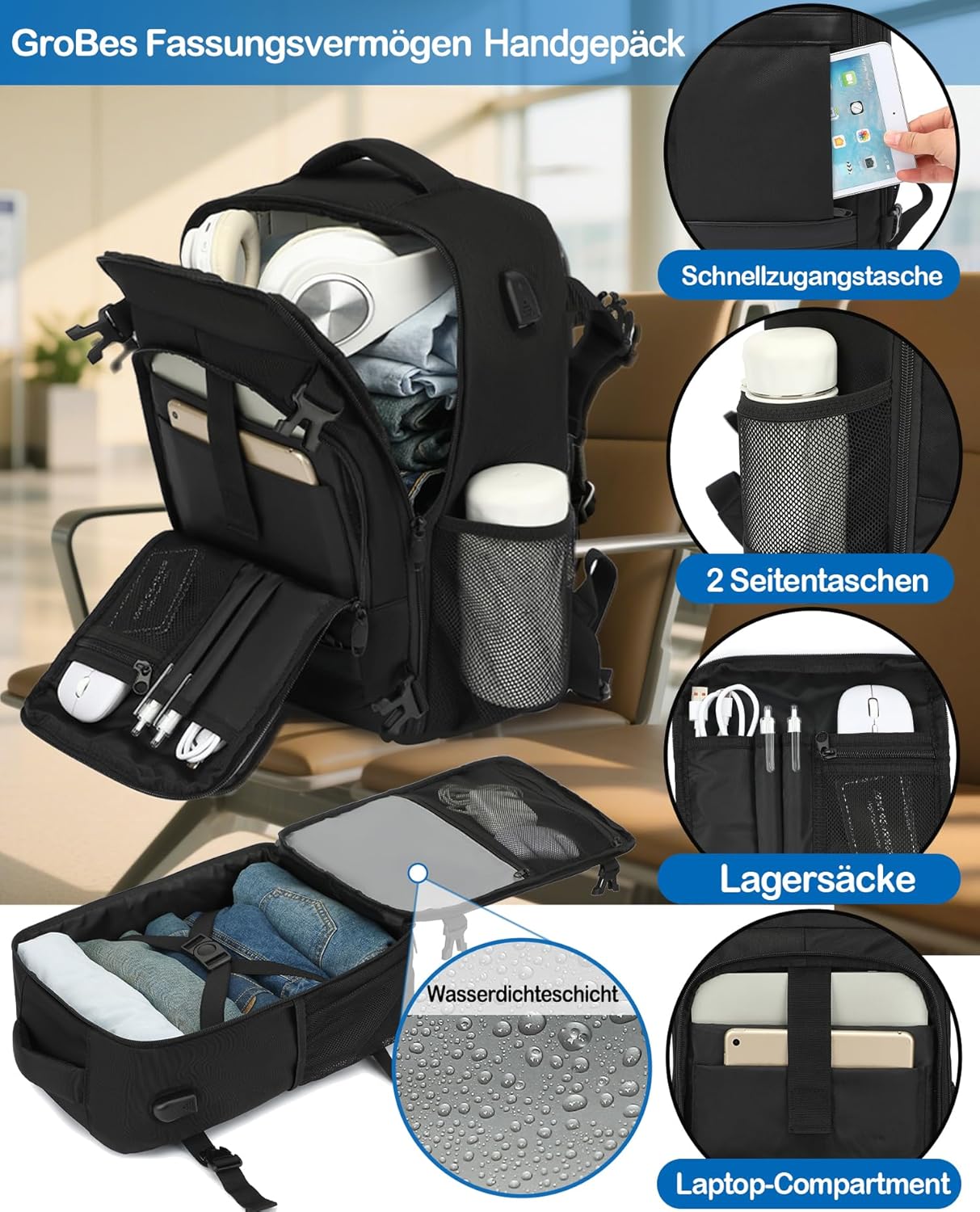Detalle 2 de KLOSTAIN Handgepäck-Rucksack 40 x 30 x 20 cm (24 l) für Ryanair & EasyJet, Laptop-Reise-Rucksack Schwarz