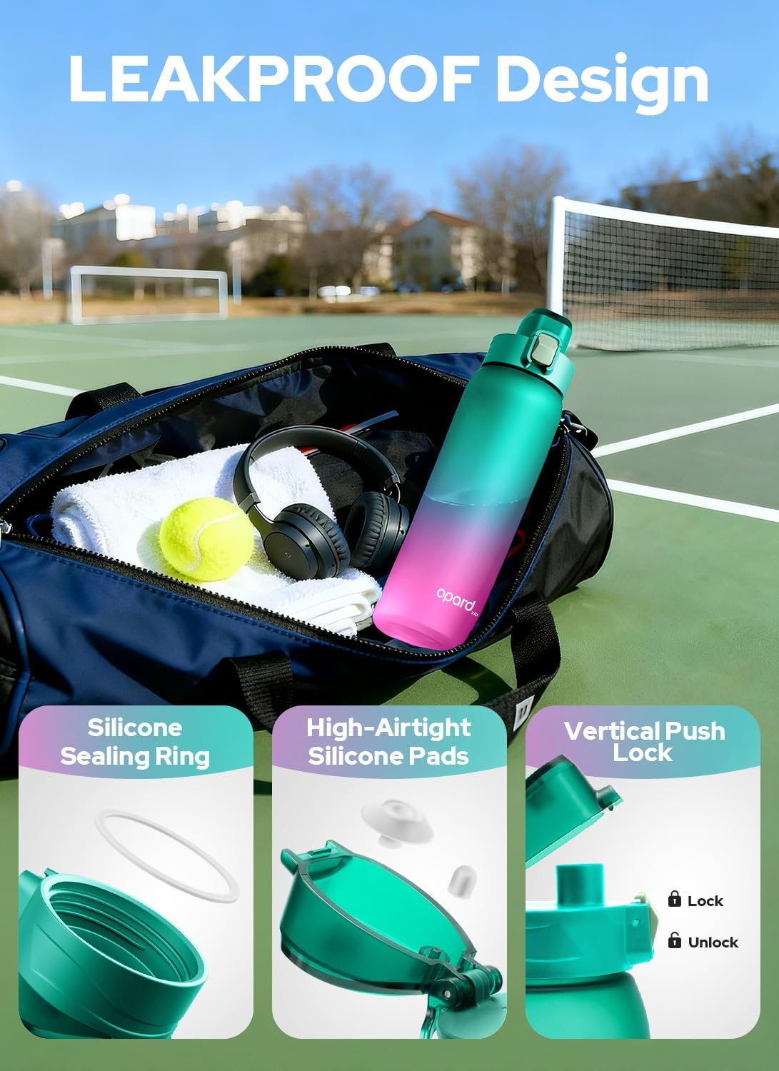 Detalle de Opard Zip 1000ml BPA-free Tritan water bottle with leakproof flip-top lid