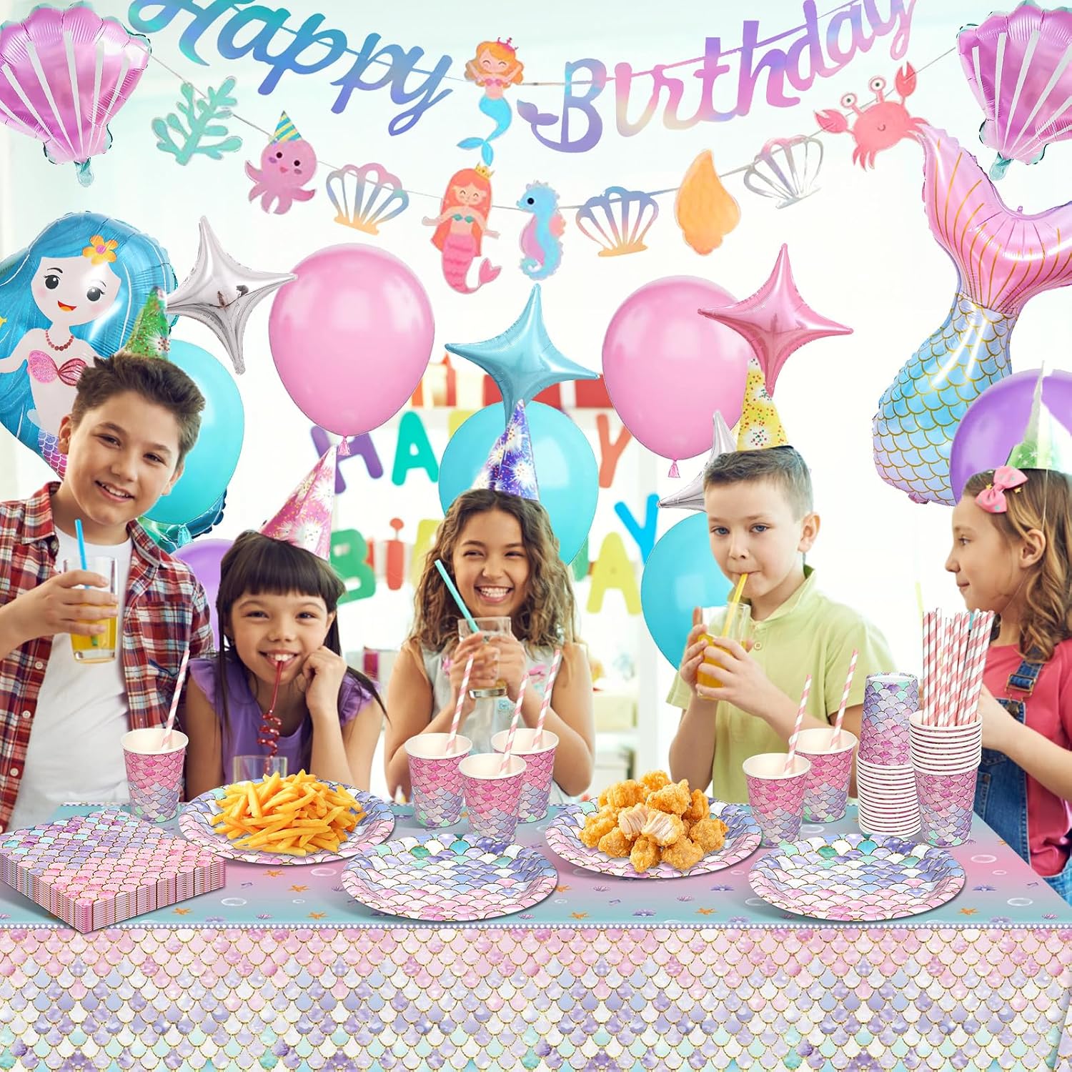 Detalle 2 de Meerjungfrau Partygeschirr Set zum 4. Geburtstag – Deko-Set für 16 Gäste mit Papptellern, Bechern & Luftballons
