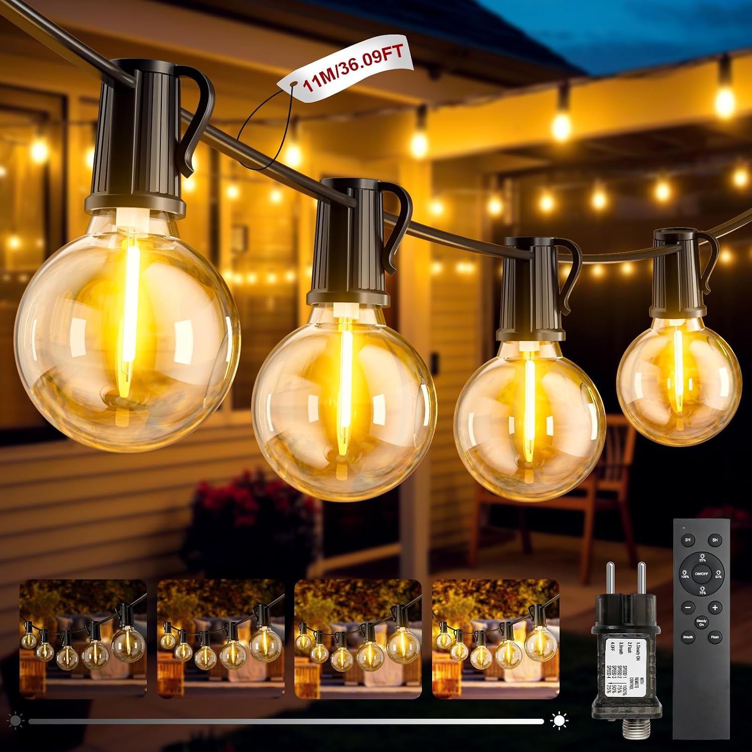 Detalle de Catena Luci da Esterno 11M/36Ft G40 LED Dimmerabile – Luce calda per giardino e feste