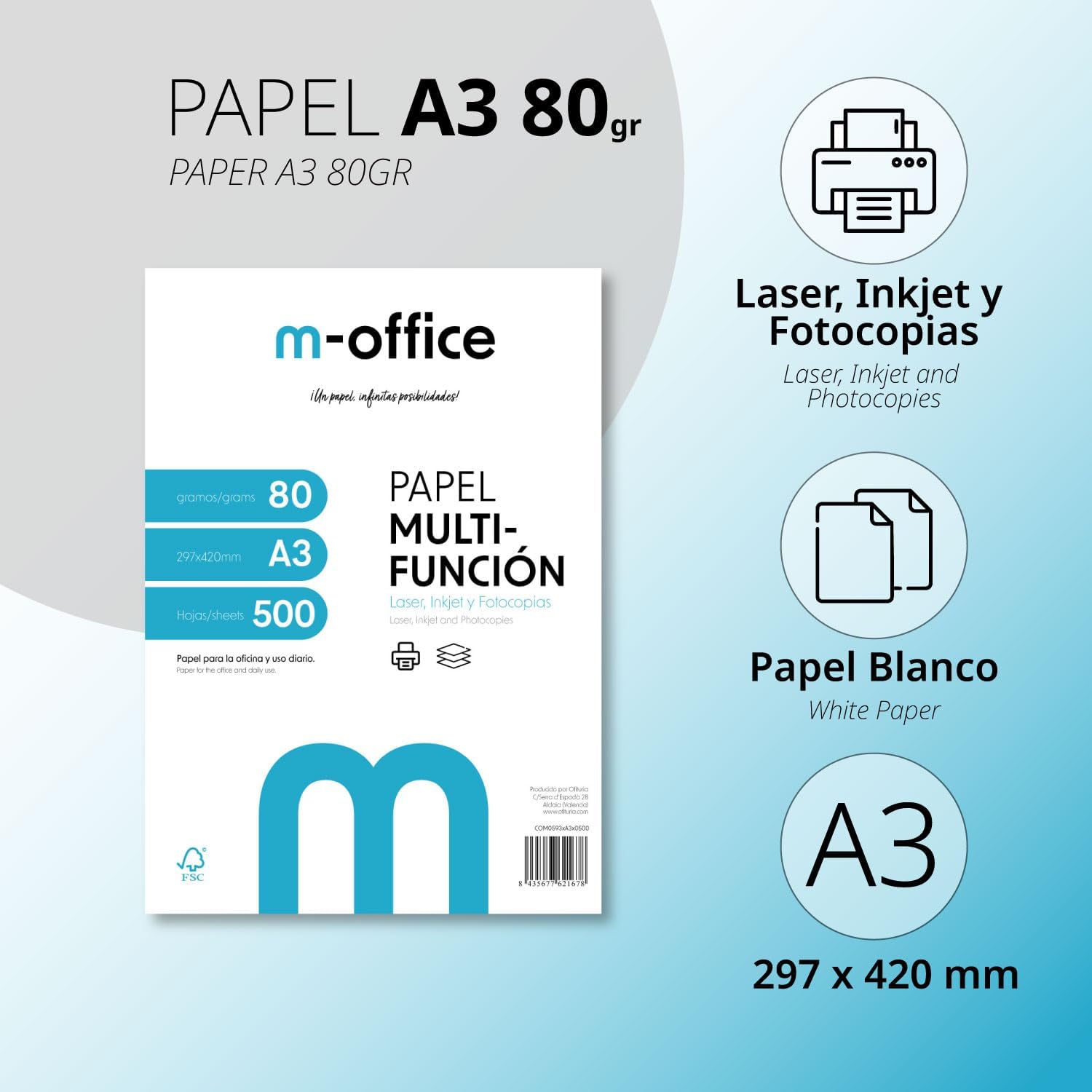 Thumbnail 1 de Pack de feuilles A3 80 g (500 feuilles) — Papier multifonction pour imprimante jet d'encre et laser, format A3