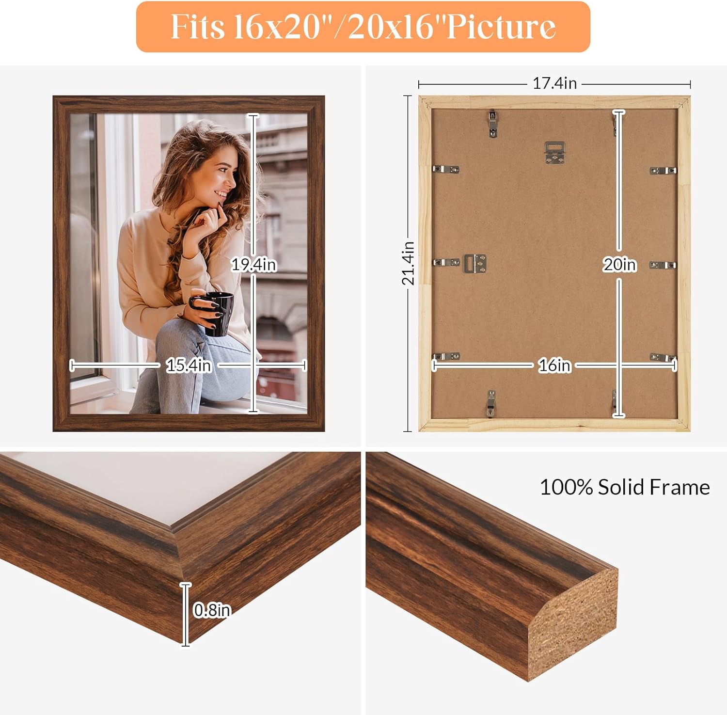 Thumbnail 4 de 16x20 Wood Frame Brown (20x16 option) Rustic Natural Woodgrain Picture Poster Frame with HD Plexiglass