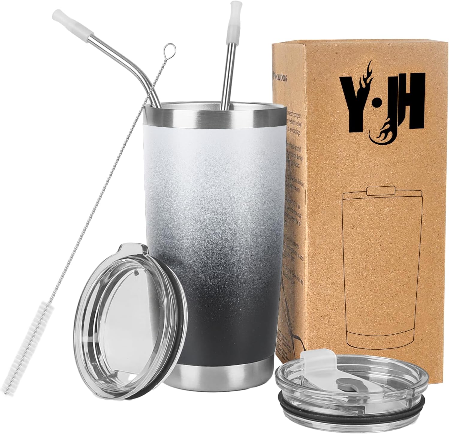 Detalle de Y·J&H 20oz Doppelwandiger Vakuum-Isolierter Autobecher aus Edelstahl – BPA-frei, mit 2 Strohhalmen & Deckeln