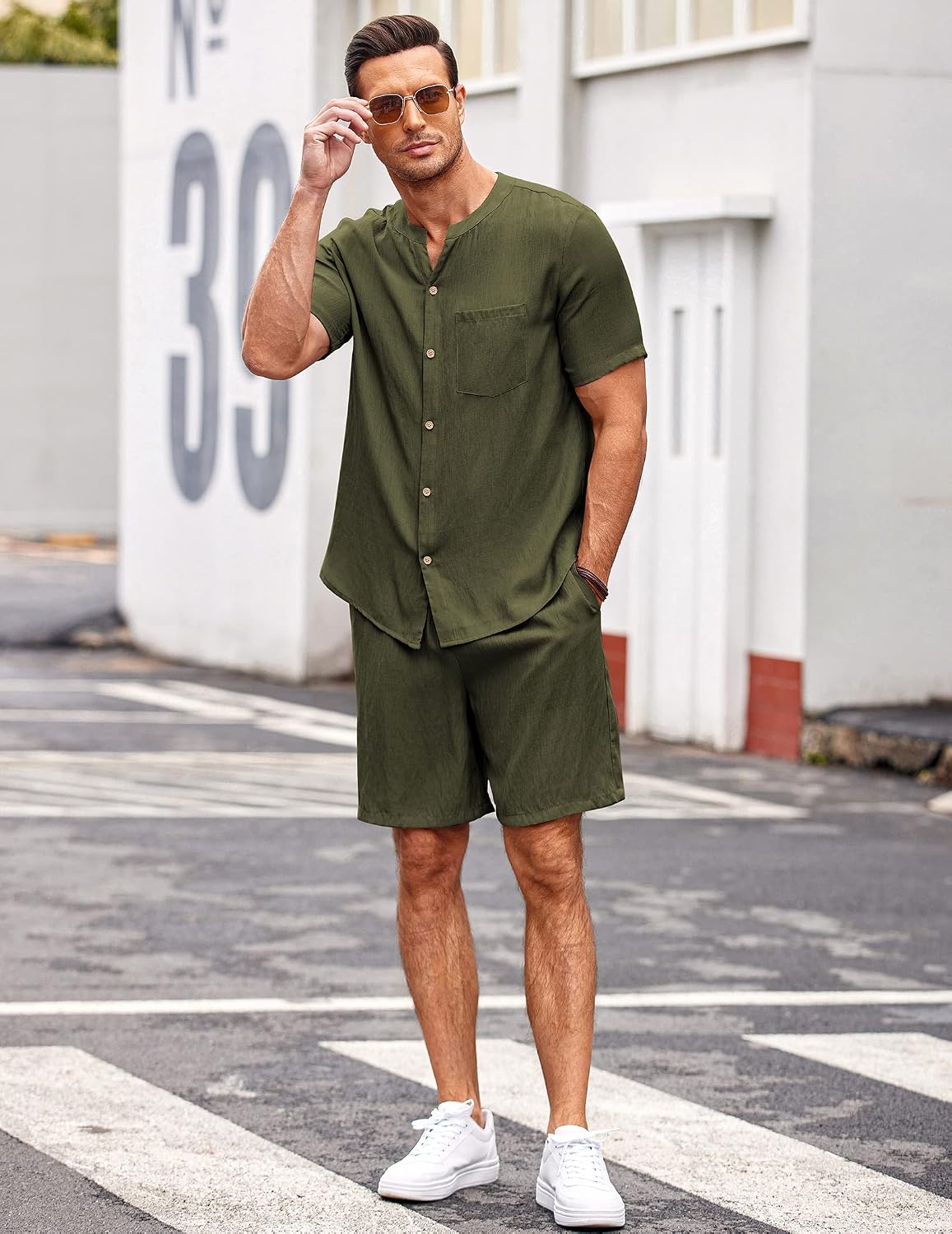 Detalle de Ekouaer Pyjama Homme Été – Ensemble short manches courtes, coton doux et polyvalent