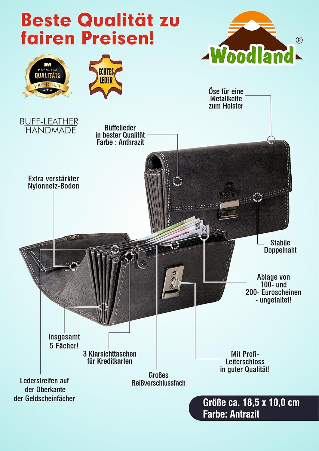 Thumbnail 6 de Woodland KELLNERBÖRSE TAXIBÖRSE Profi-Modell mit weichem Büffelleder in Anthrazit