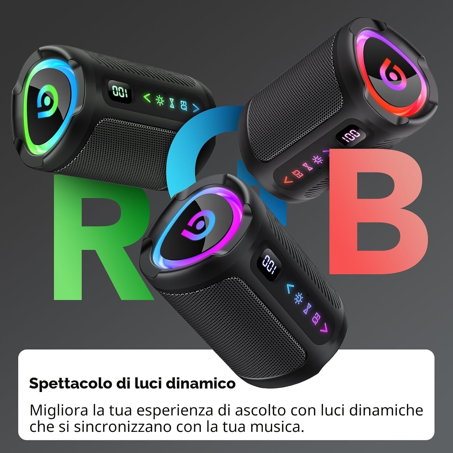 Detalle de Cassa Bluetooth Portatile con Display Digitale, LED RGB e Smart EQ — 24h di autonomia, IPX7, Bluetooth 5.4
