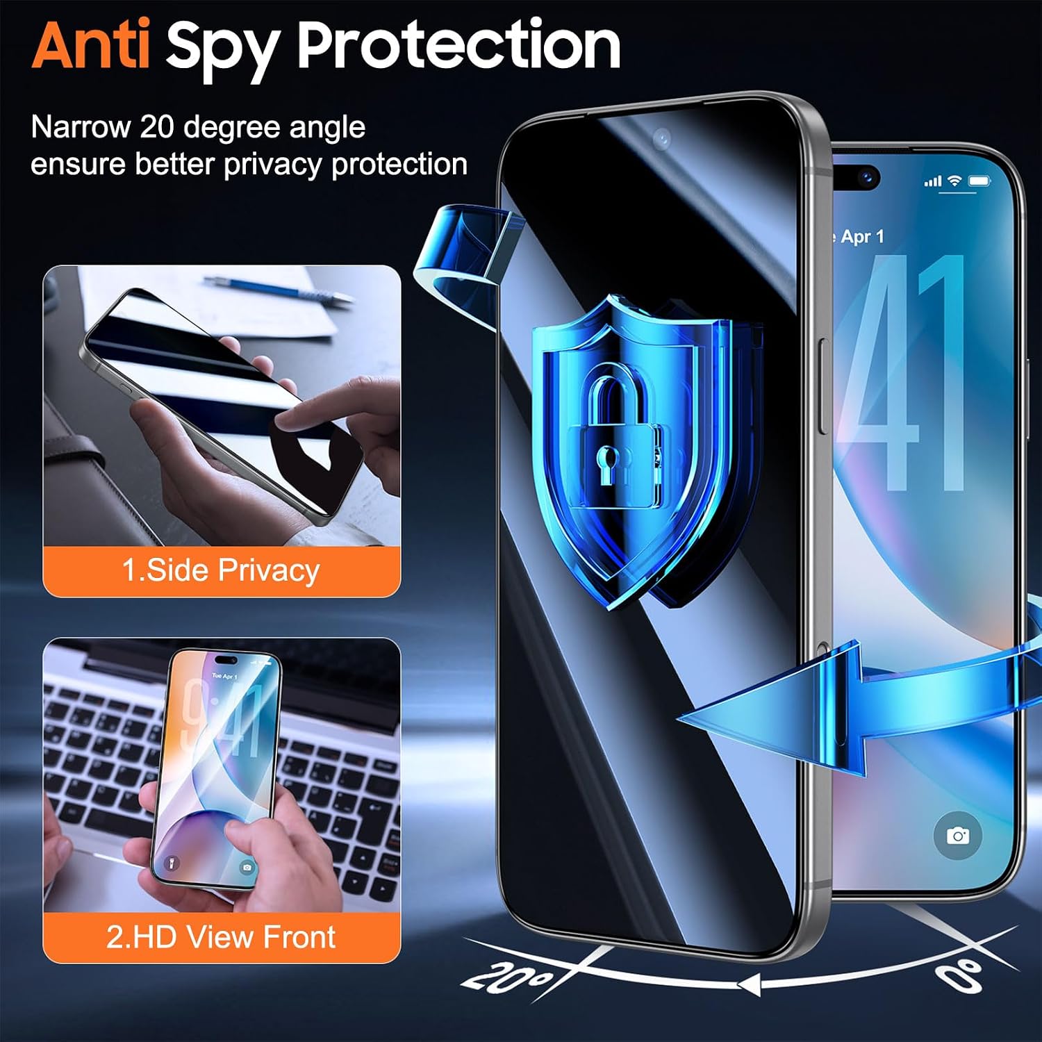 Detalle 2 de UniqueMe iPhone 18 Pro Privacy Screen Protector, 2-Pack, 20° Anti-Spy Glass