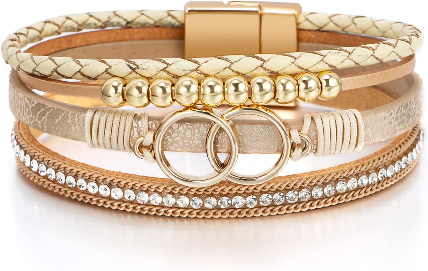 Detalle de Fesciory Leopard Boho Leather Wrap Bracelet for Women with Pearls, Crystals & Brass Pipe
