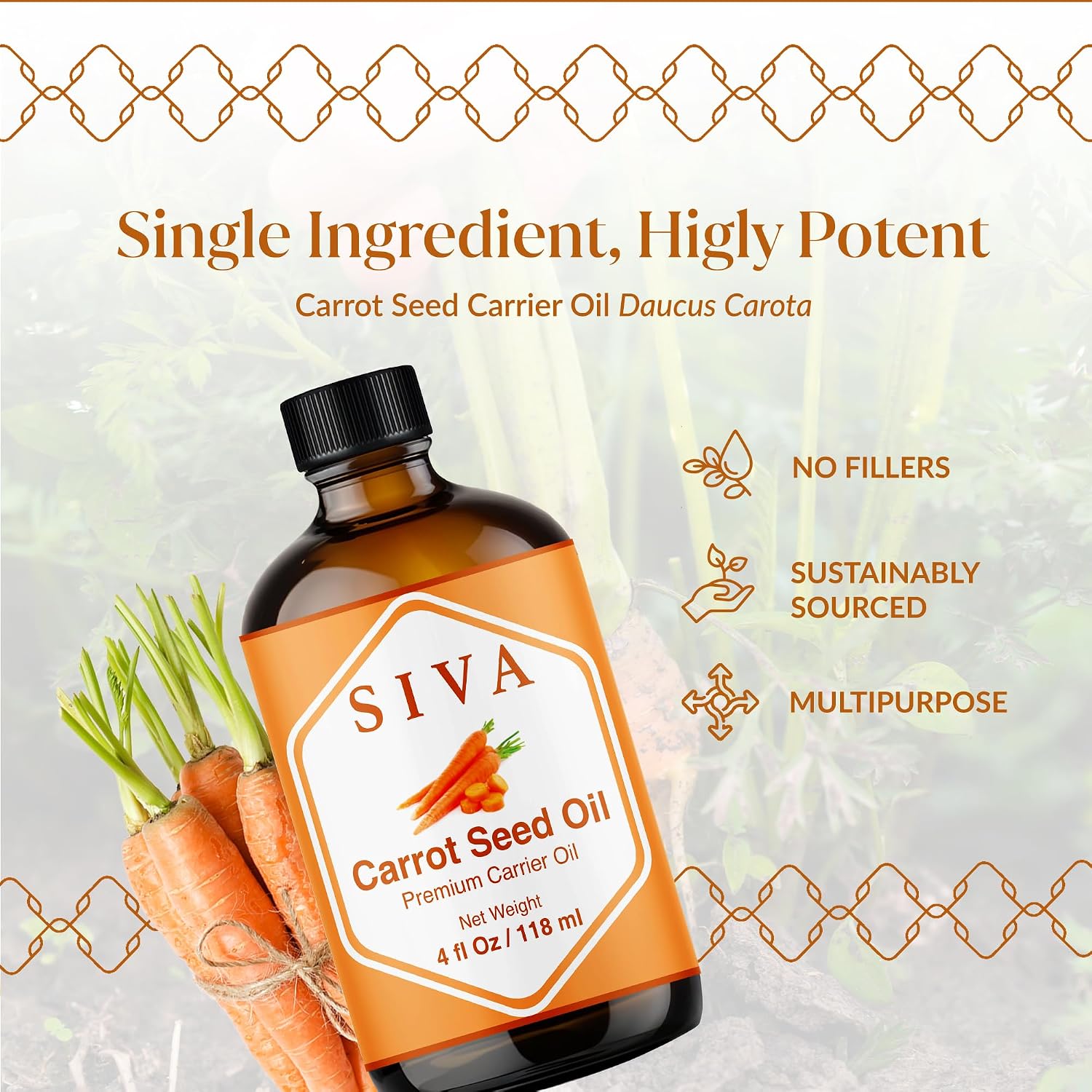 Detalle de SIVA Carrot Seed Carrier Oil, 4 fl oz Amber Glass Dropper Bottle