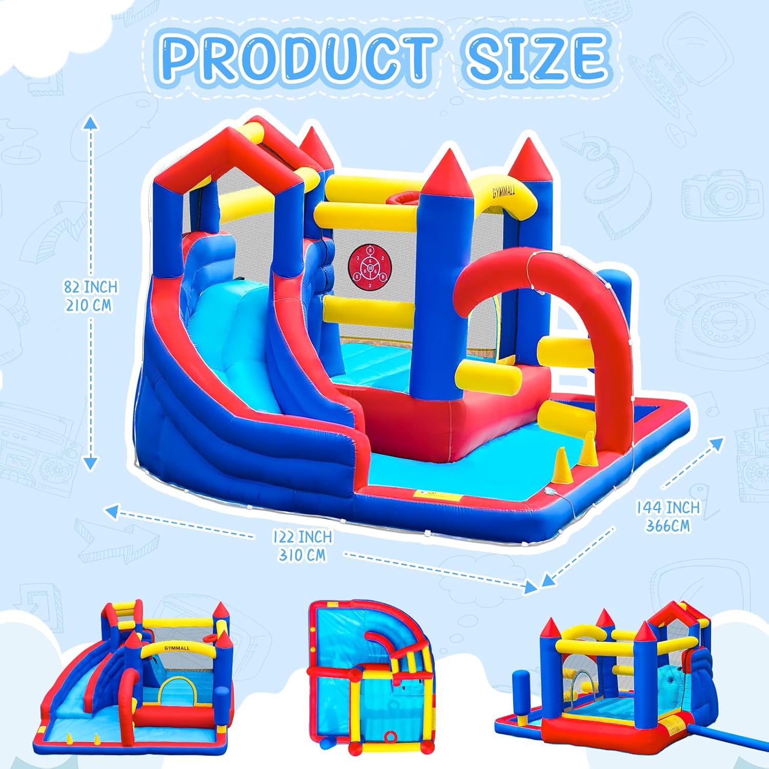 Detalle de GYMMALL 9-in-1 Bounce House with Slide, Climbing Wall and Water Fun for Kids
