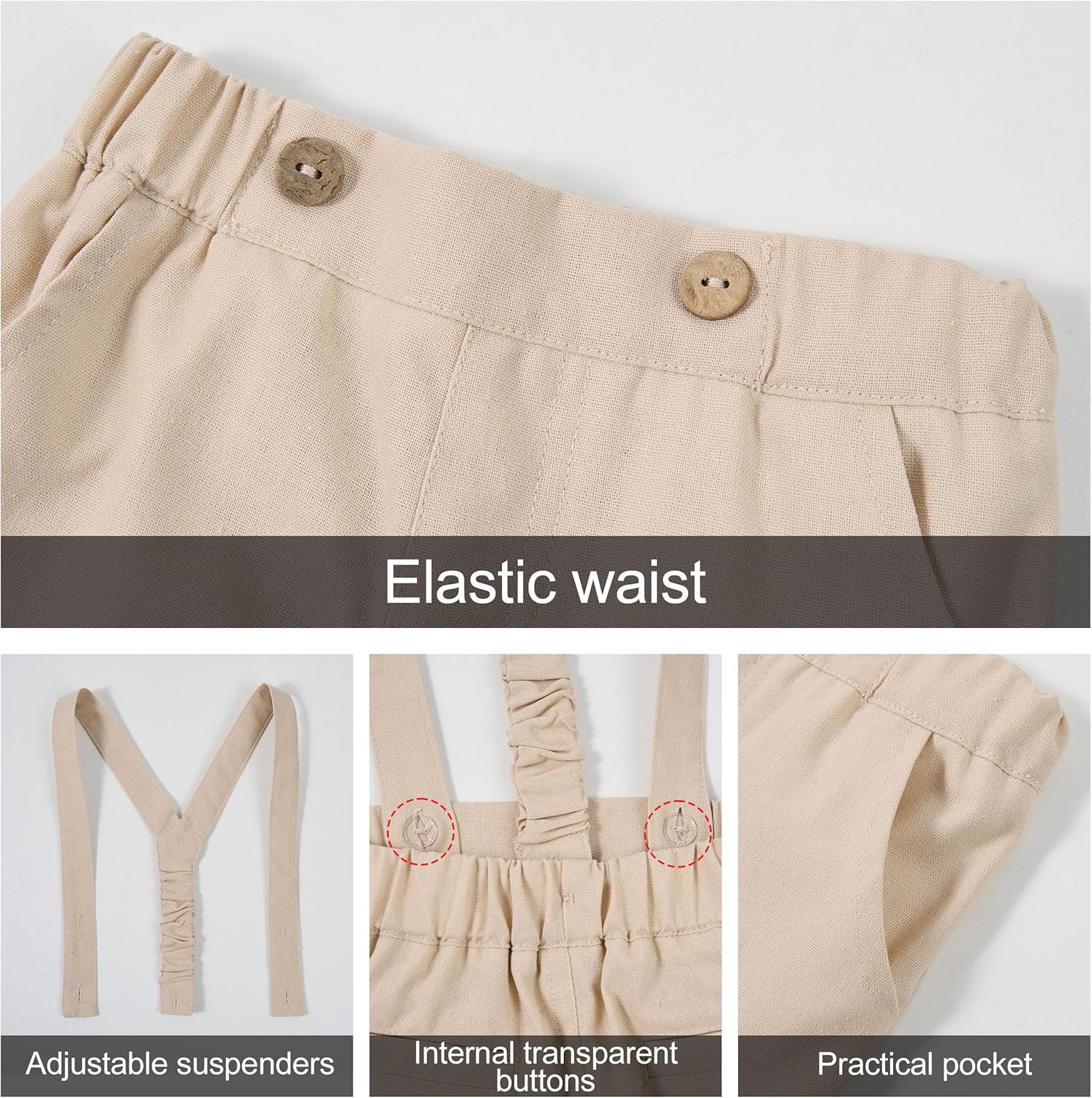 Thumbnail 6 de Ensemble costume bébé garçon Volunboy (4 pièces) coton lin pour cérémonie, chemise + nœud papillon + bretelles + pantalon