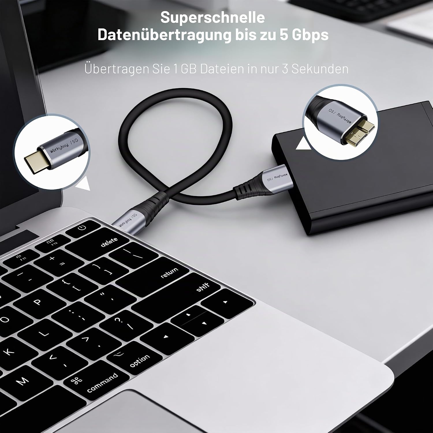 Detalle de Werkybay Micro B 3.0 auf USB C Kabel 2m – robustes USB 3.0 Micro-B zu USB-C Ladekabel