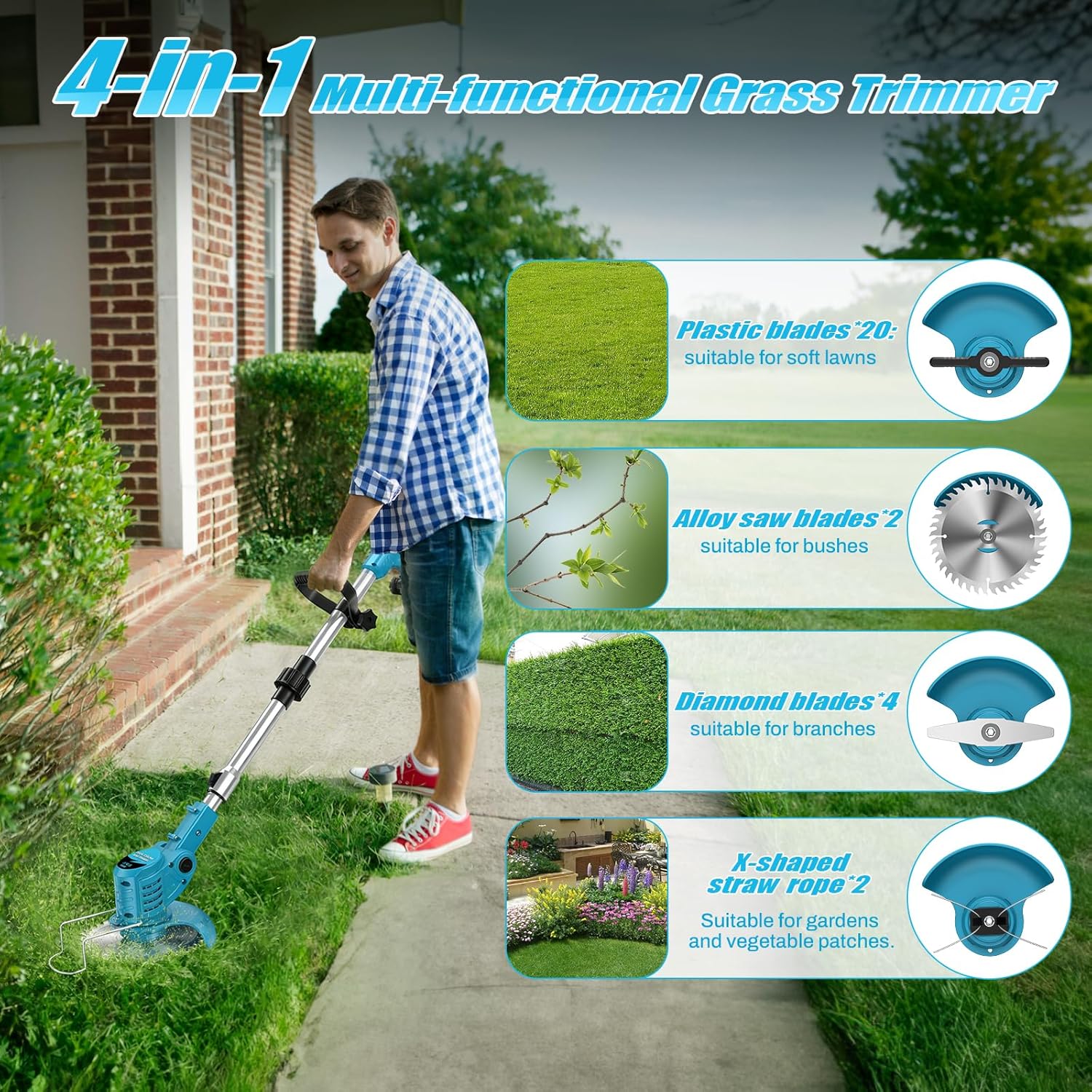 Thumbnail 4 de Cordless Strimmer 21V 4-in-1 Grass Trimmer with 800W Brushless Motor and Dual 4000mAh Batteries