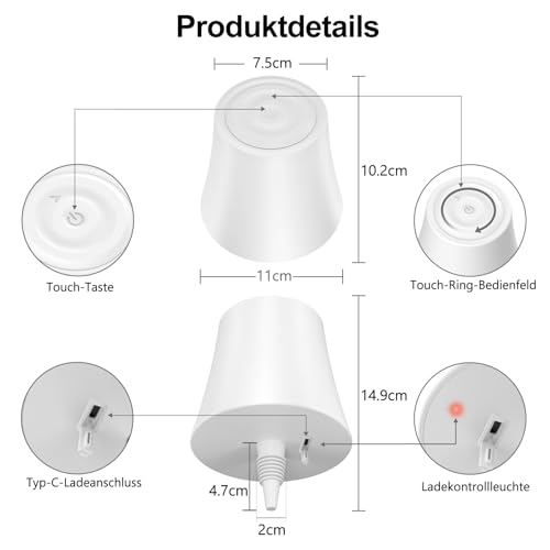 Detalle de Suright Flaschenlampe Aufsatz LED Aufladbar – 3 Farbtemperaturen + 9 RGB-Farben, IP54, USB-C