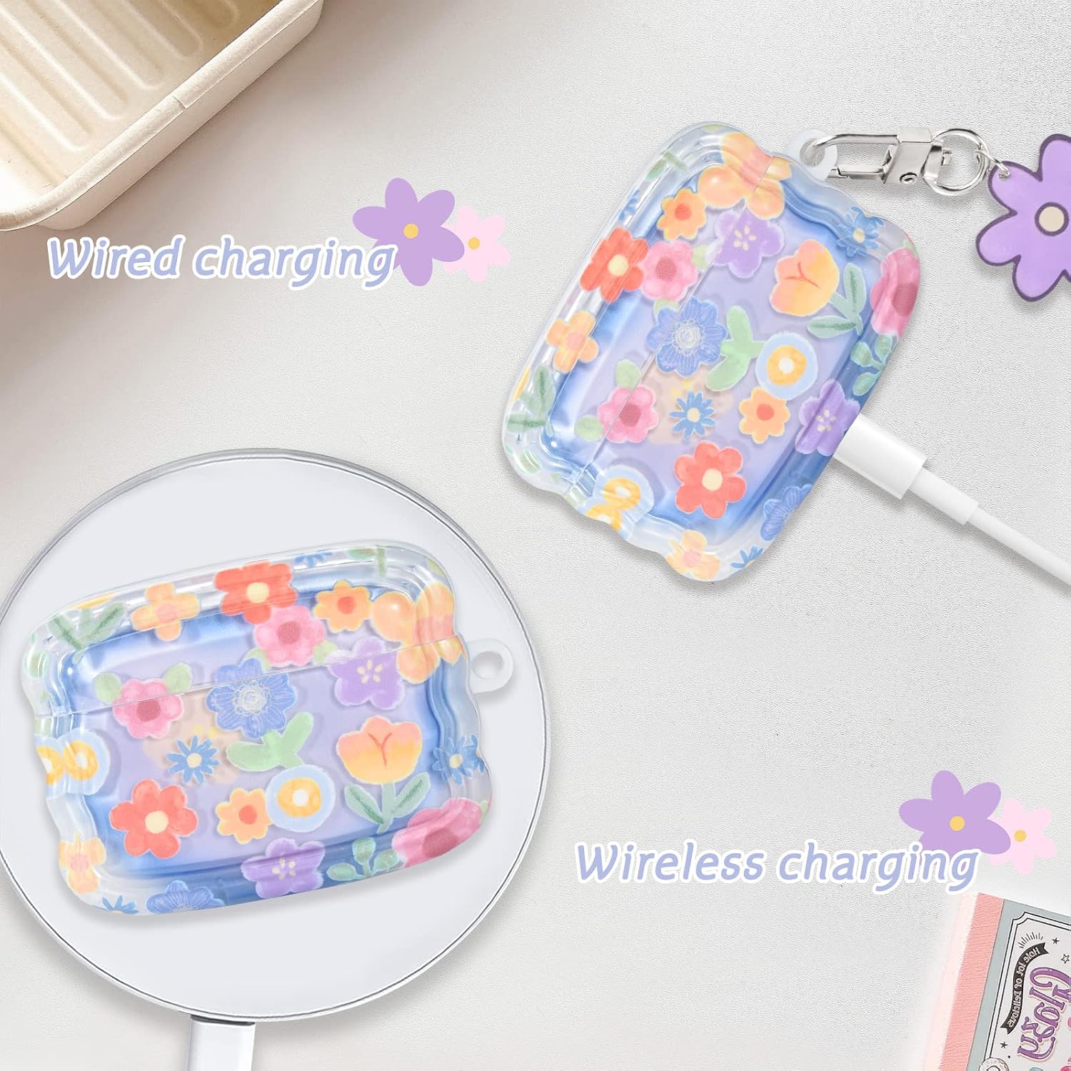 Detalle de Newseego AirPods Pro Case Cover: Cute Flower Pattern with Wave Frame, Soft TPU & Keychain