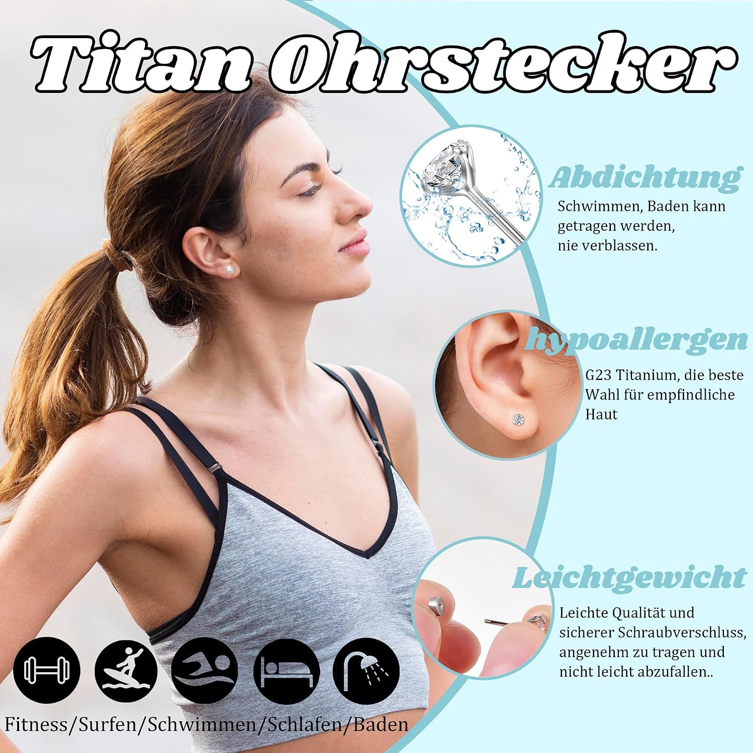 Detalle 2 de Titan Ohrstecker Hypoallergen G23 mit Schraubverschluss und Zirkonia (3/4/5 mm)