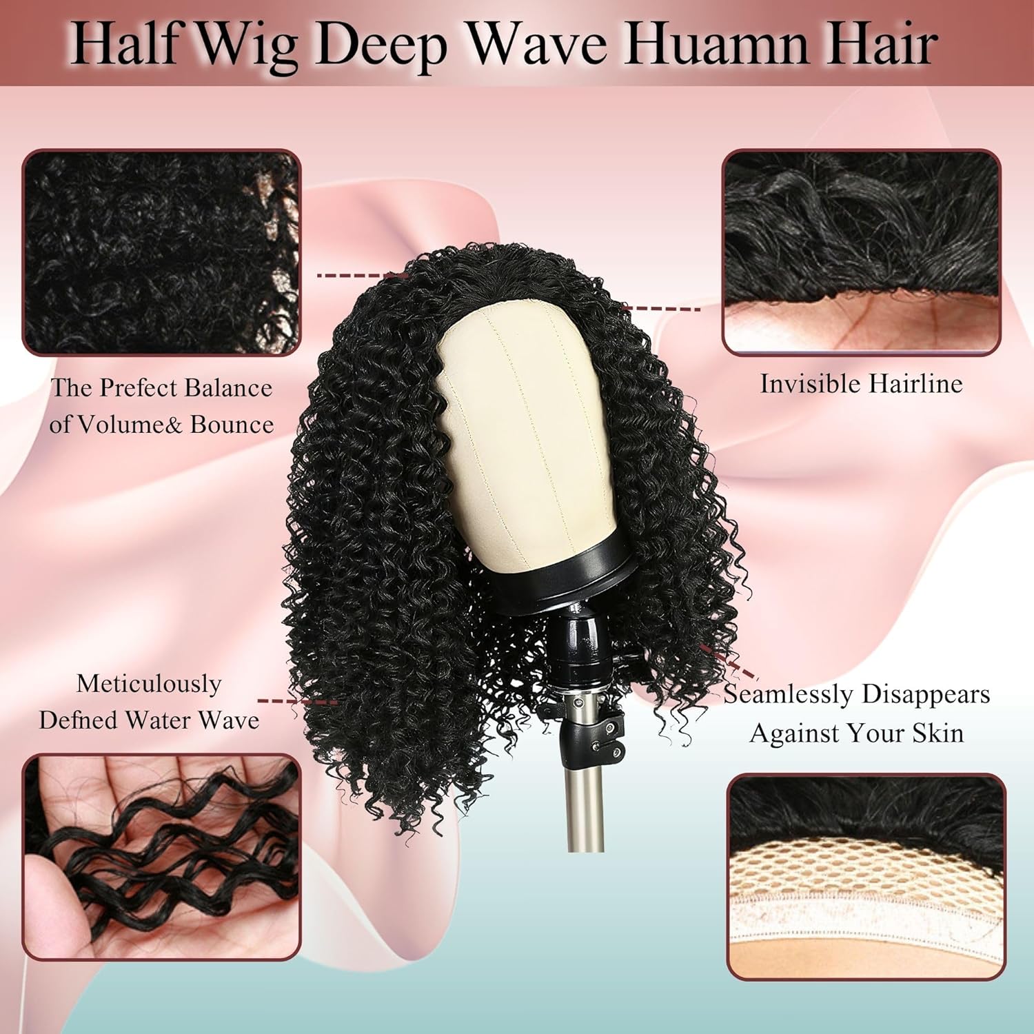 Detalle de Pinketer Deep Wave Half Wig Human Hair 20inch | Glueless 3-in-1 Drawstring Half Wig for Beginner-Friendly, Natural Color