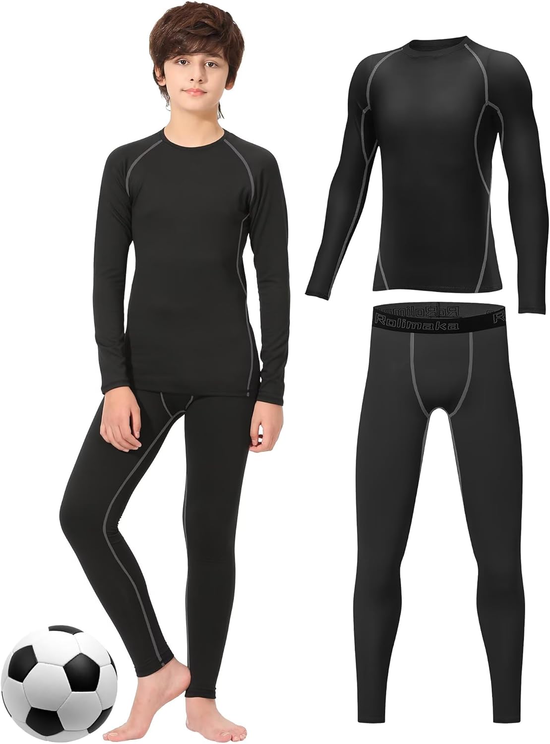 Detalle de Rolimaka Kids Base Layer Set for Youth Boys – Compression Long Sleeve Top & Tights
