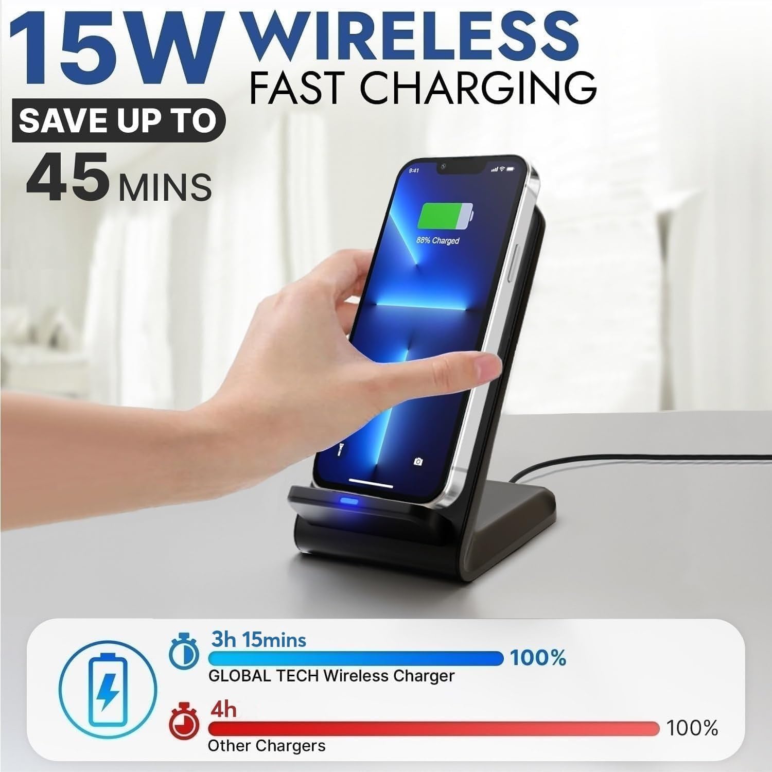Detalle de Wireless Charger 15W Stand – 2-in-1 Wireless Charger & Phone Stand for iPhone, Galaxy, Pixel and more