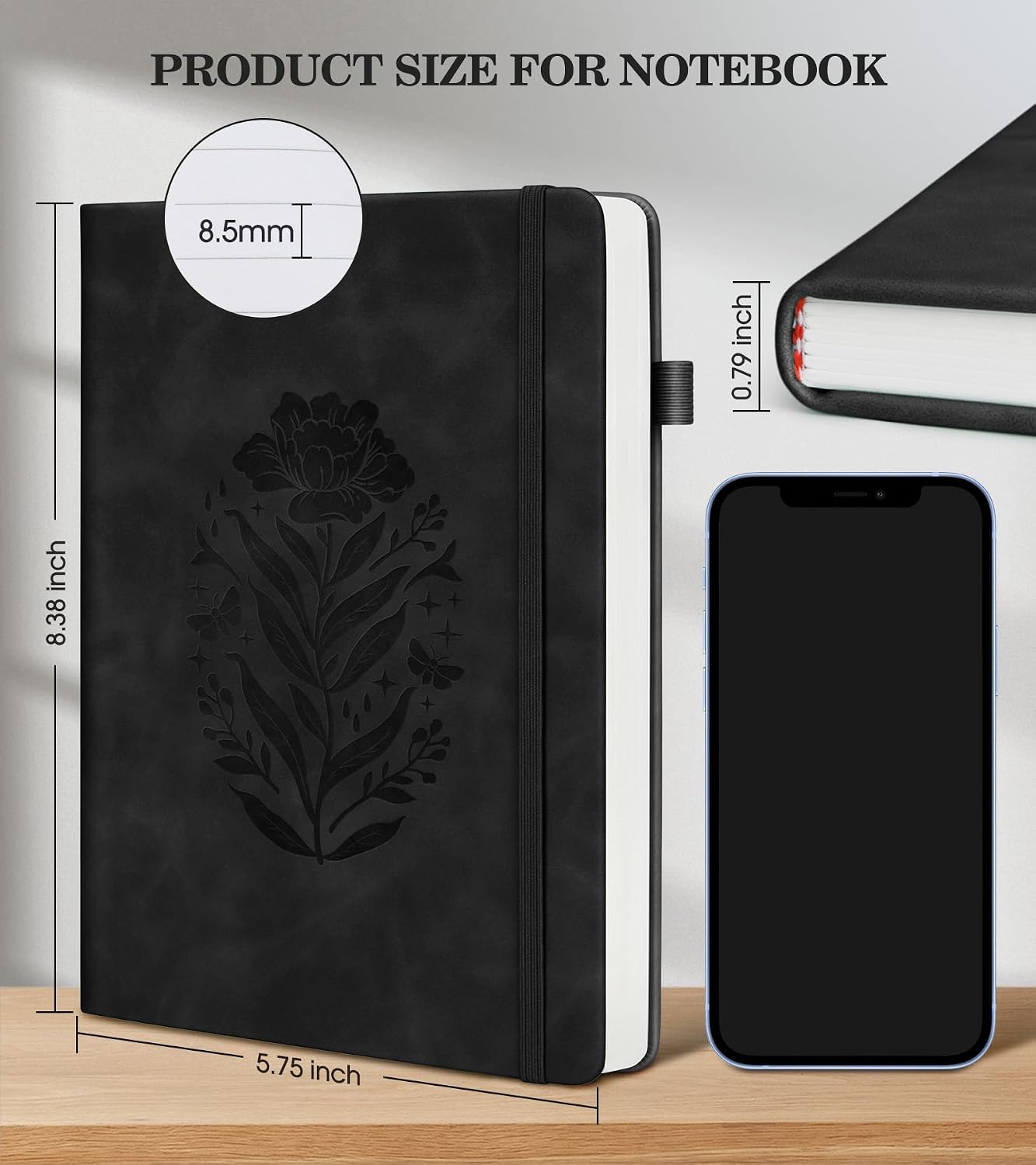 Detalle de MUAHLIUB A5 Lined Journal Notebook, Black Leather Hardcover, 200 Pages