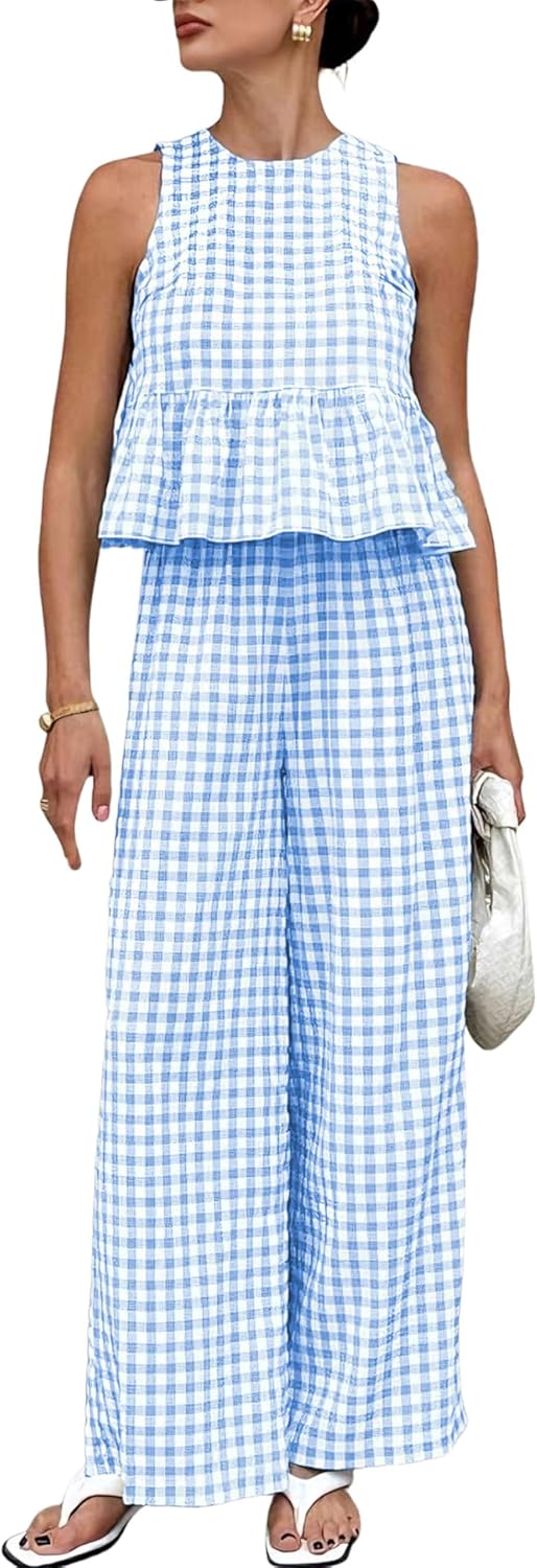 Thumbnail 6 de VATEAMI Women's 2-Piece Gingham Set: Sleeveless Ruffle Tank & Wide-Leg Pants