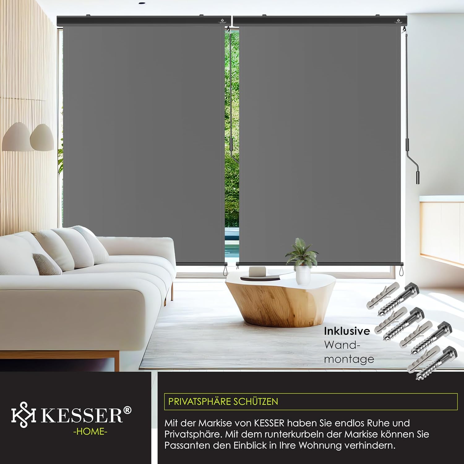 Detalle de KESSER® Senkrechtmarkise 160x250 cm mit Handkurbel – Außenrollo für Balkon, Terrasse & Sichtschutz