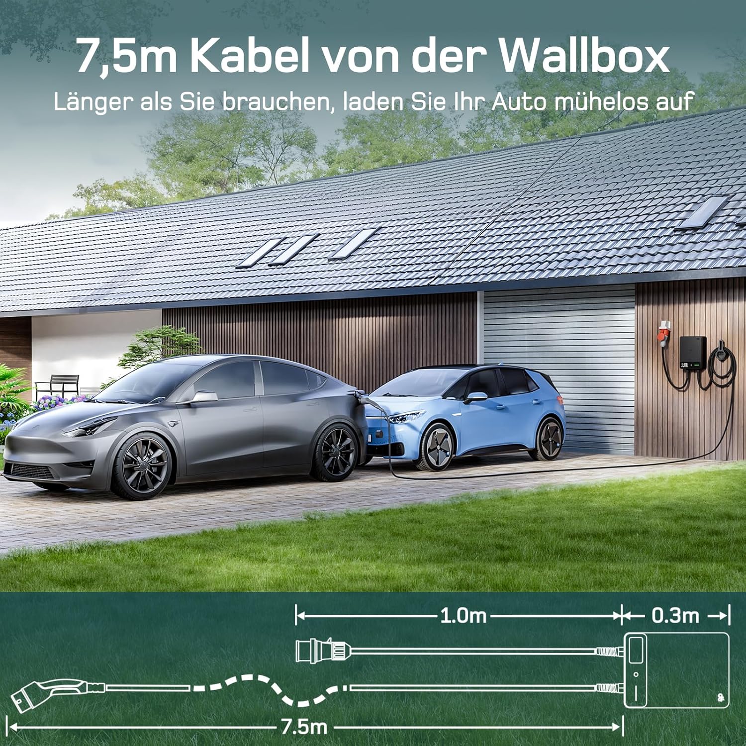 Detalle de dé Wallbox 22kW mit APP – 7,5 m Typ 2 Kabel, IP54, 3-Phasen EV-Ladegerät (6–32A, 400V)