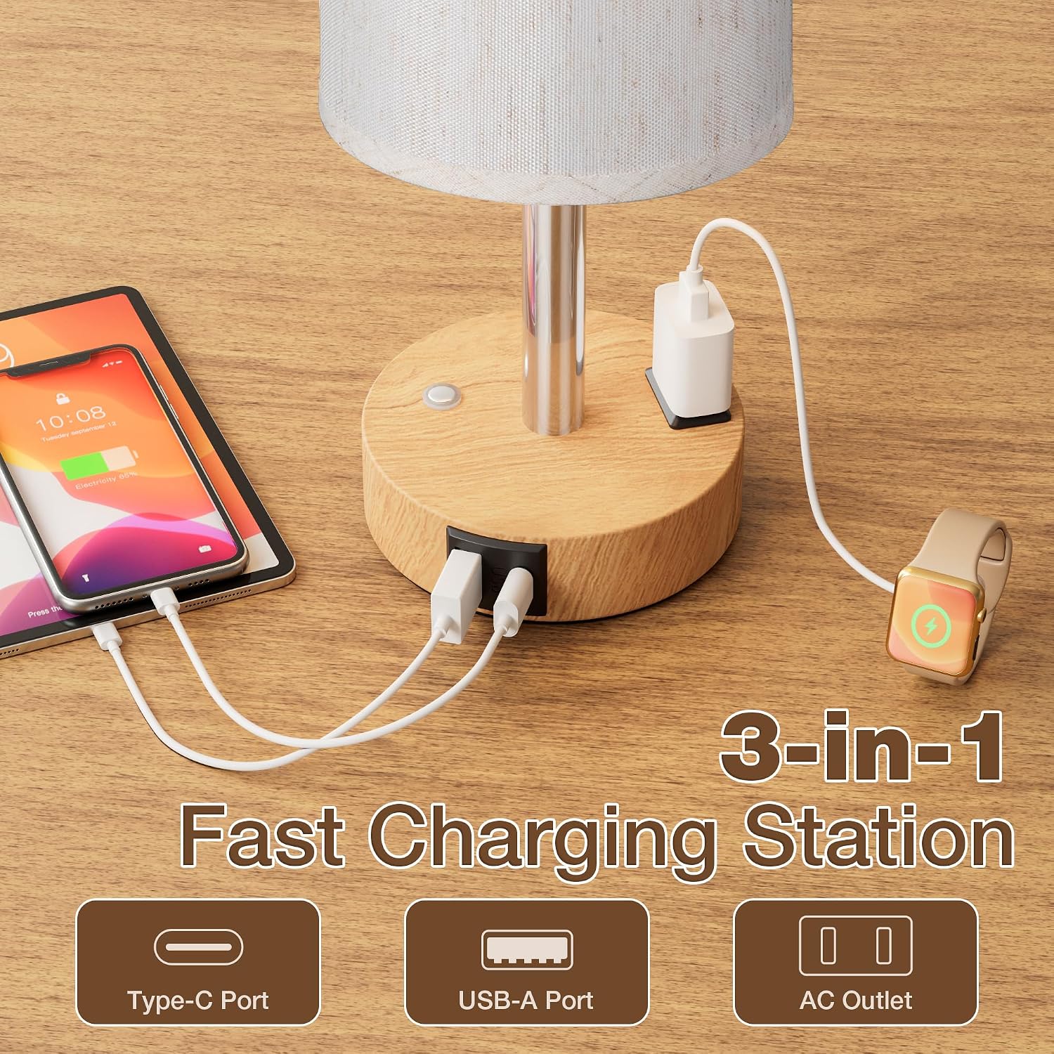 Detalle 2 de Touch Bedside Table Lamp with Wood-Grain Base