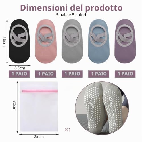 Detalle 2 de VEGCOO 5 Paia Calzini Antiscivolo Donna per Pilates, Yoga e Fitness – EU35-38, 5 Colori