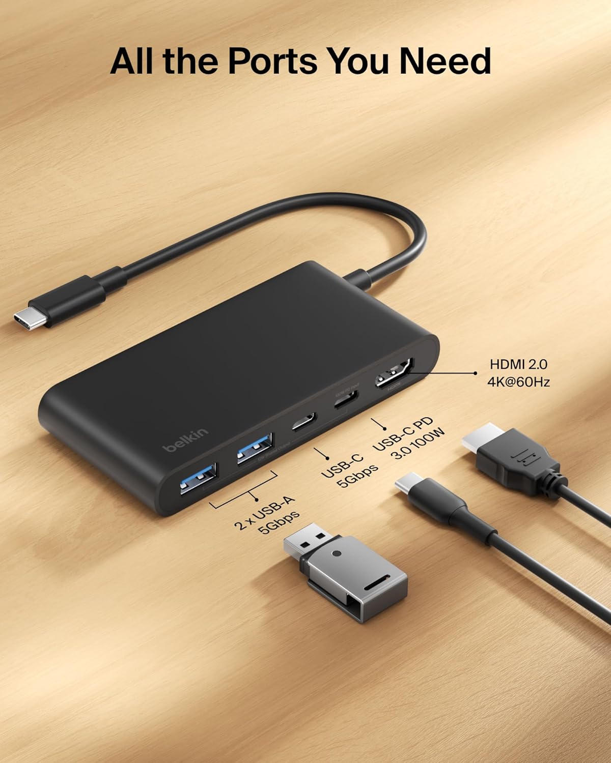 Detalle de Belkin USB-C Hub 5-Port with 4K HDMI (up to 60Hz) and 100W Power Delivery, 5Gbps Data Transfer