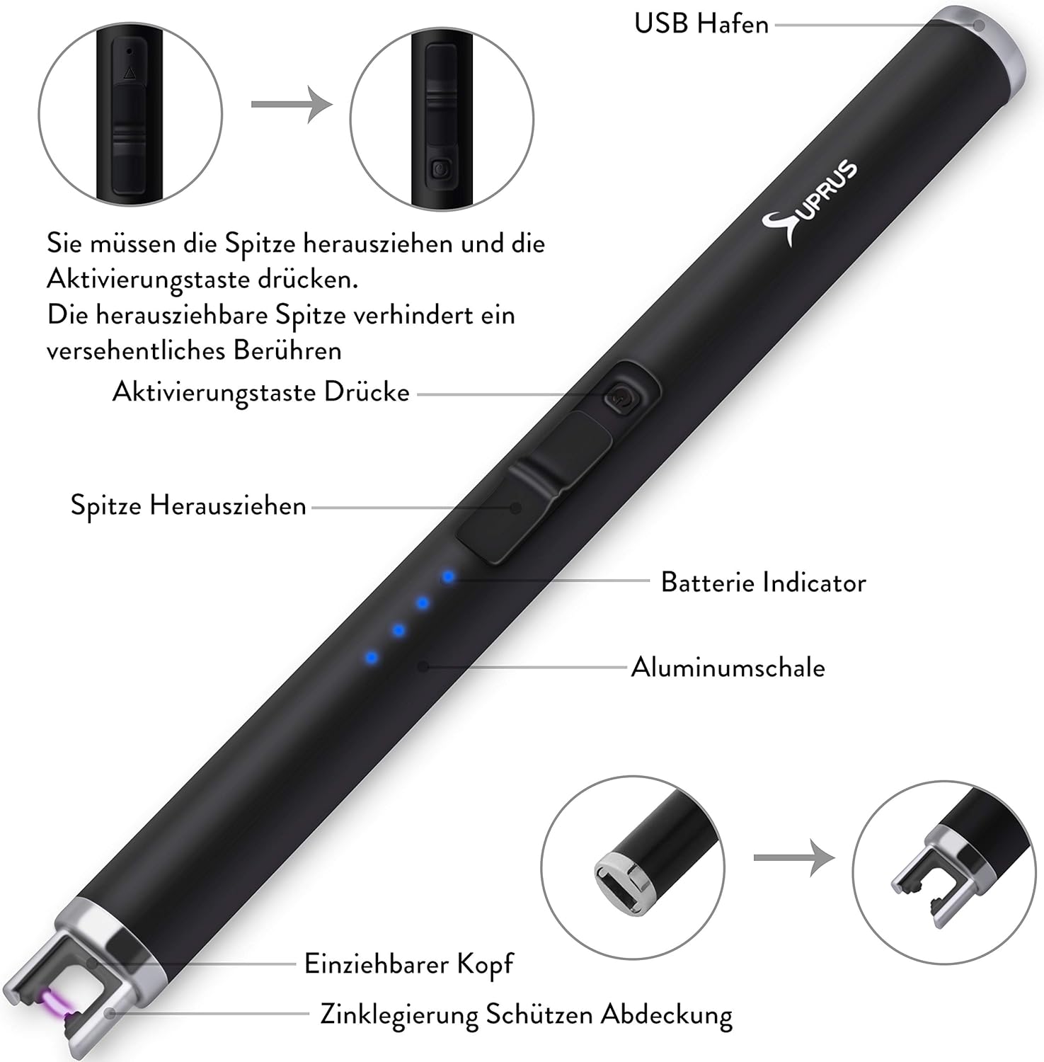 Detalle de SUPRUS Lichtbogen Eletorot Stabfeuerzeug 7s