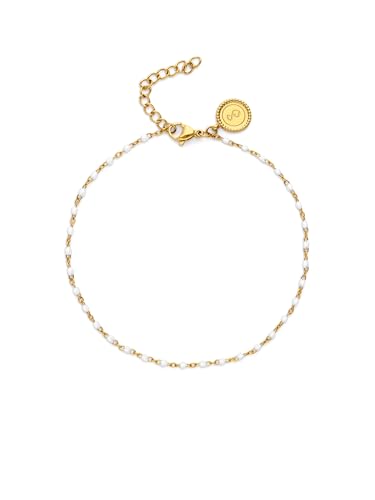 Detalle de SINGULARU Tobillera Mujer Dots Blanco Acero Baño Oro 18kt