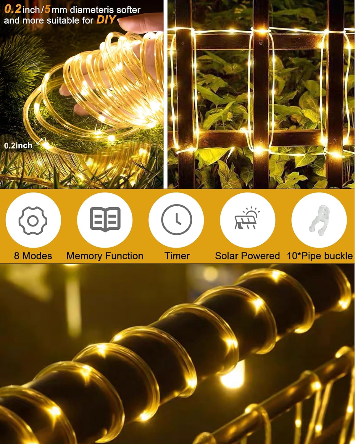 Thumbnail 4 de Tacobey Solar Rope Lights Outdoor – 32.8ft, 100 LED with Timer and 8 Modes