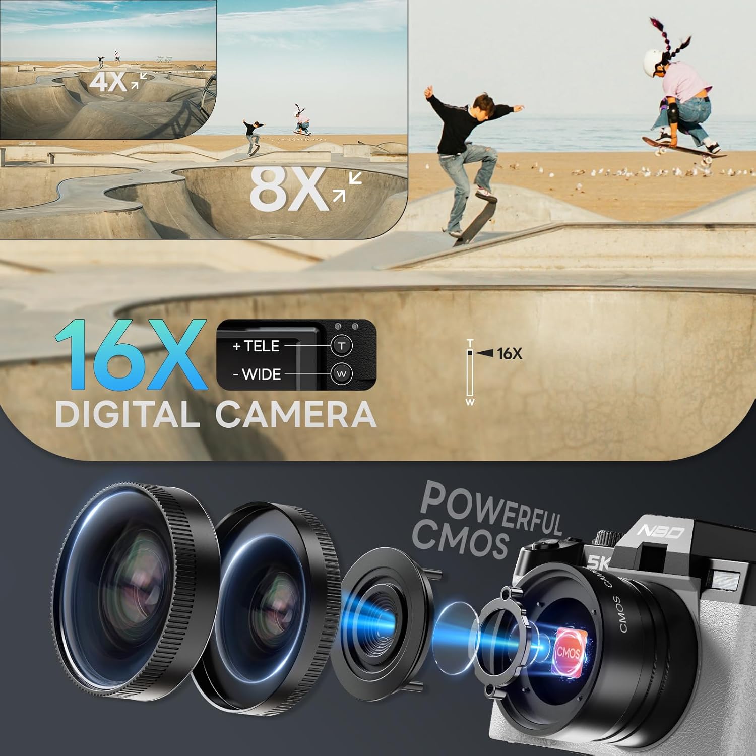 Detalle de NBD 5K 64MP Digital Camera with Wi‑Fi & App Control, 16X Zoom, 180° Flip Screen
