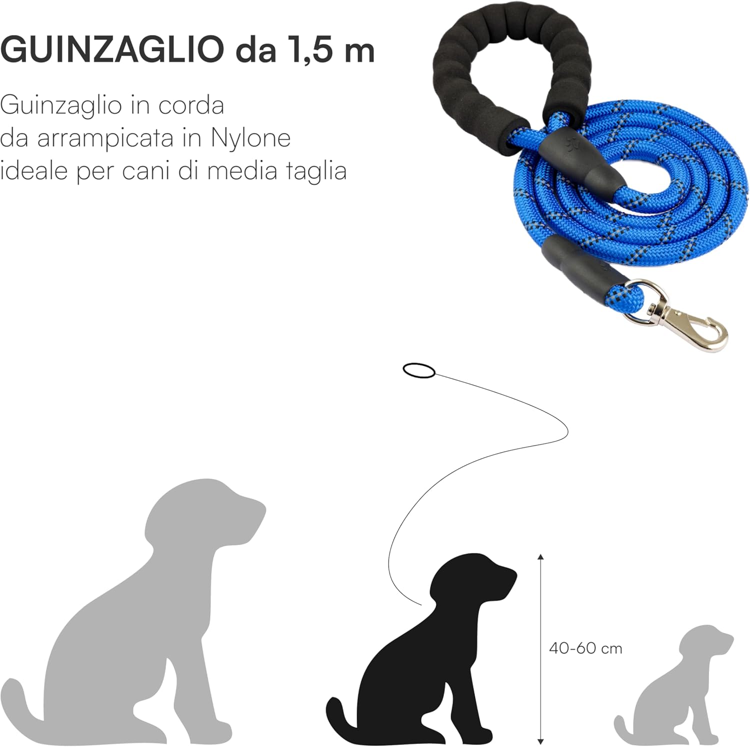 Thumbnail 3 de Guinzaglio per Cani 1,5 m con Impugnatura Imbottita e Fili Riflettenti (Blu) — per Cani di Taglia Media
