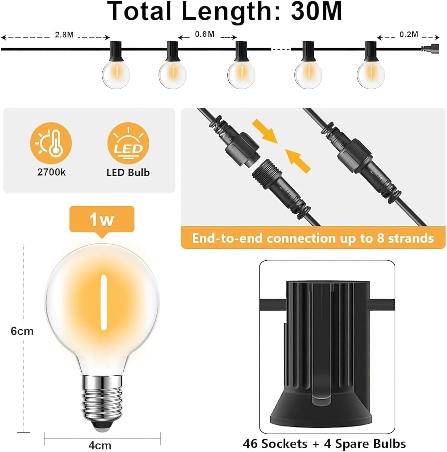 Thumbnail 1 de Miootly Catena Luminosa Esterno 30M/100FT: luci caldo 2700K, IP45, 46+4 LED, 24V – ideale per giardino e feste