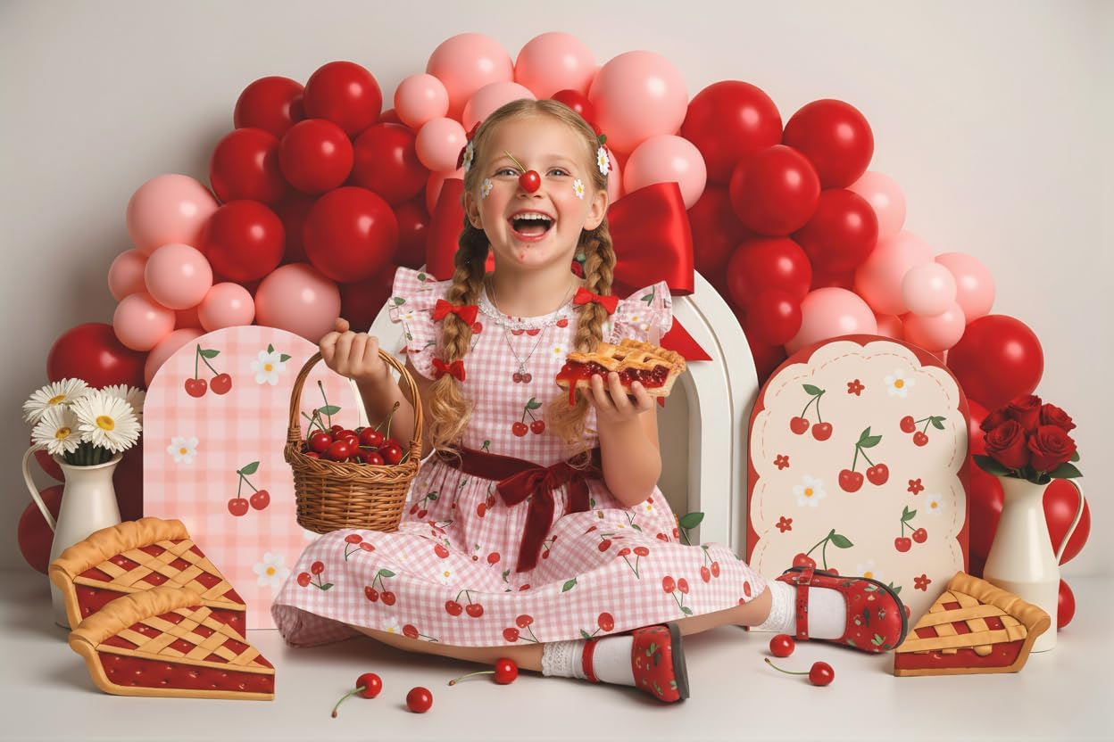 Thumbnail 3 de Kate Cake Smash Cherry Pie Photography Backdrop 7x5ft (2.2x1.5m) - Bow Tie Cherry Sandwich Balloon Arch Theme