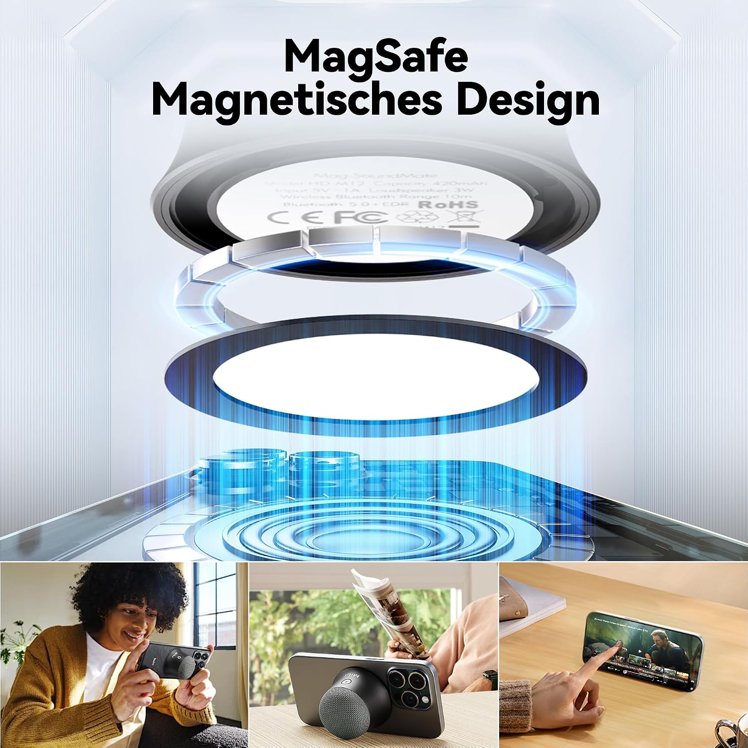 Detalle de MiLi Bluetooth Lautsprecher – Magnetischer Mini Speaker, 3W, IP65, 8 Stunden Wiedergabe, TWS Stereo