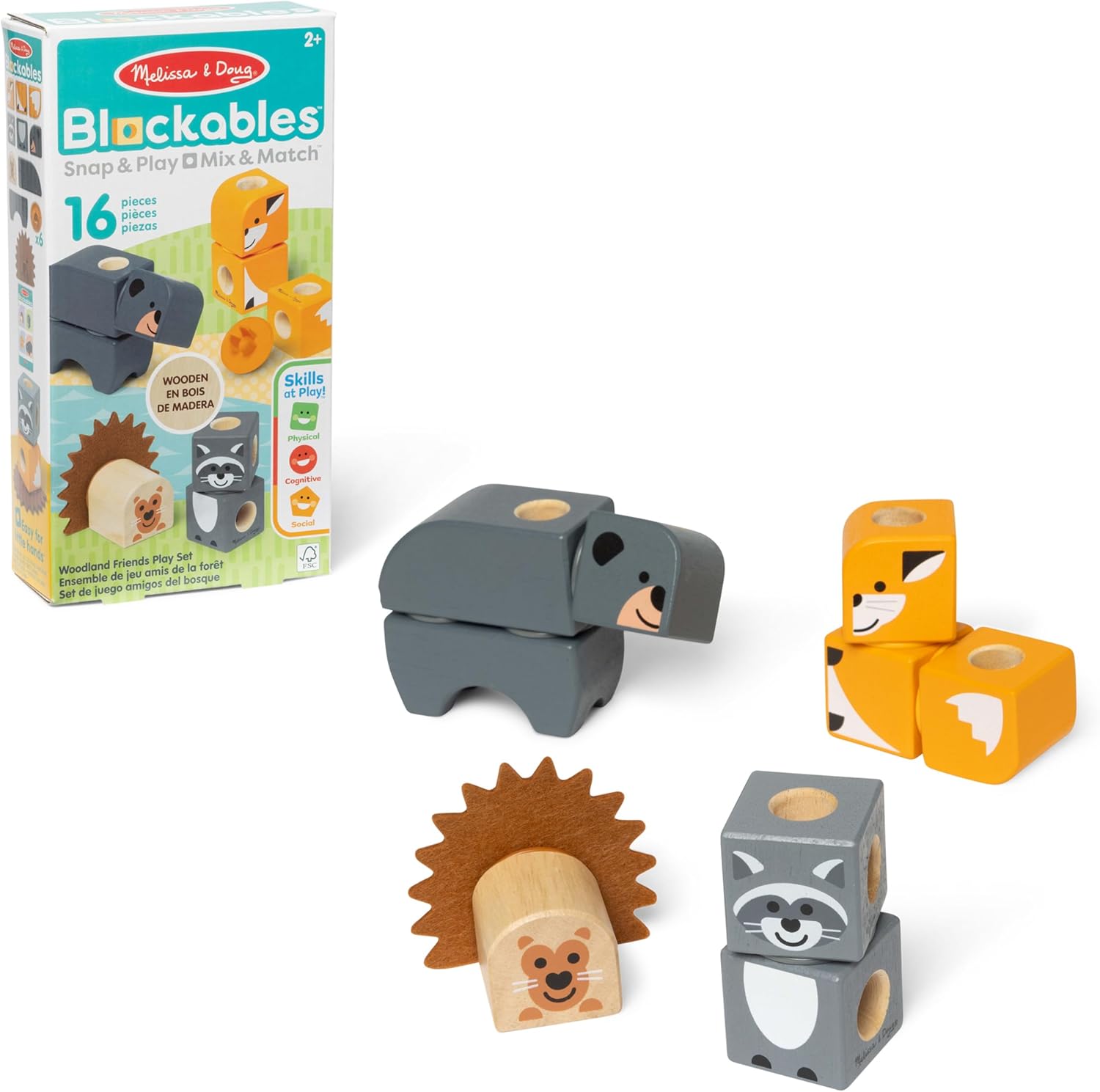 Melissa & Doug Blockables Waldtierfreunde Bau-Set (16-teilig, ab 2 Jahren) – 9 Holzbausteine mit Steck- und Filzteilen