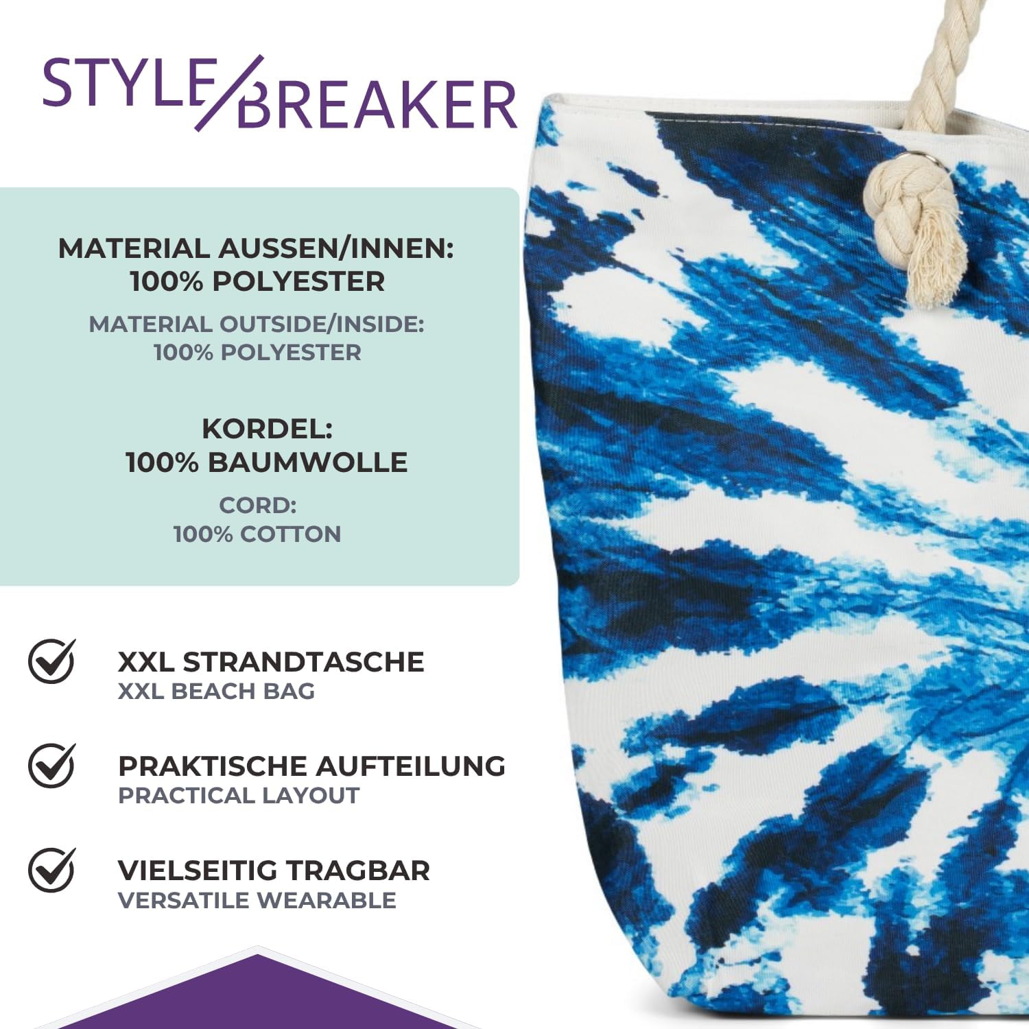 Thumbnail 4 de styleBREAKER Ladies XXL Borsa da spiaggia Batik: shopper girevole con cerniera
