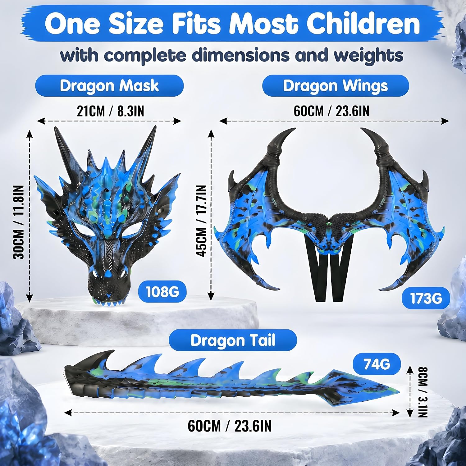 Detalle de CRTEPST Dragon Costume for Kids, Sparkle Blue Mask, Wings & Tail