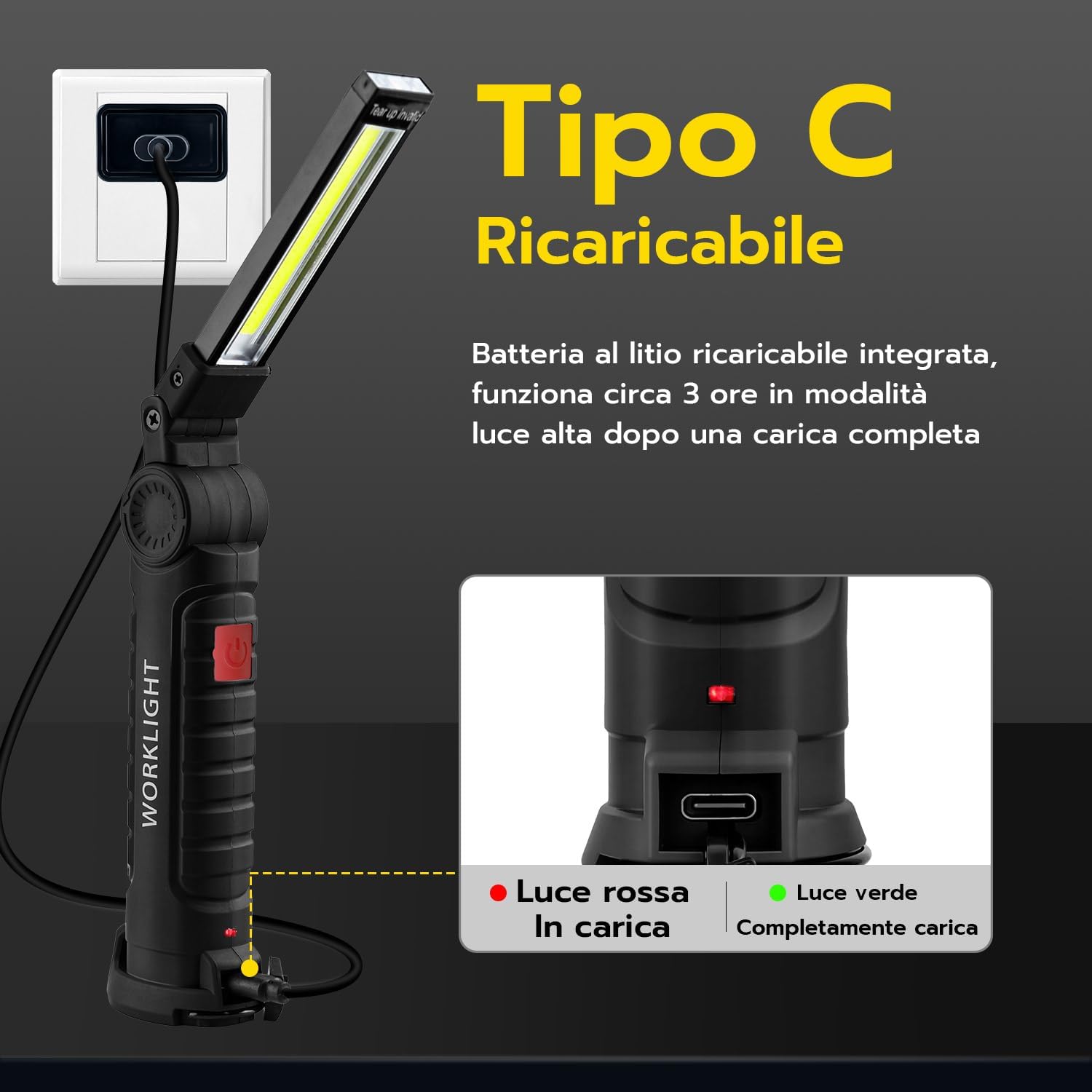 Thumbnail 2 de Tolesum torcia LED ricaricabile Type-C con magnete e testa 360° (5 modalità)