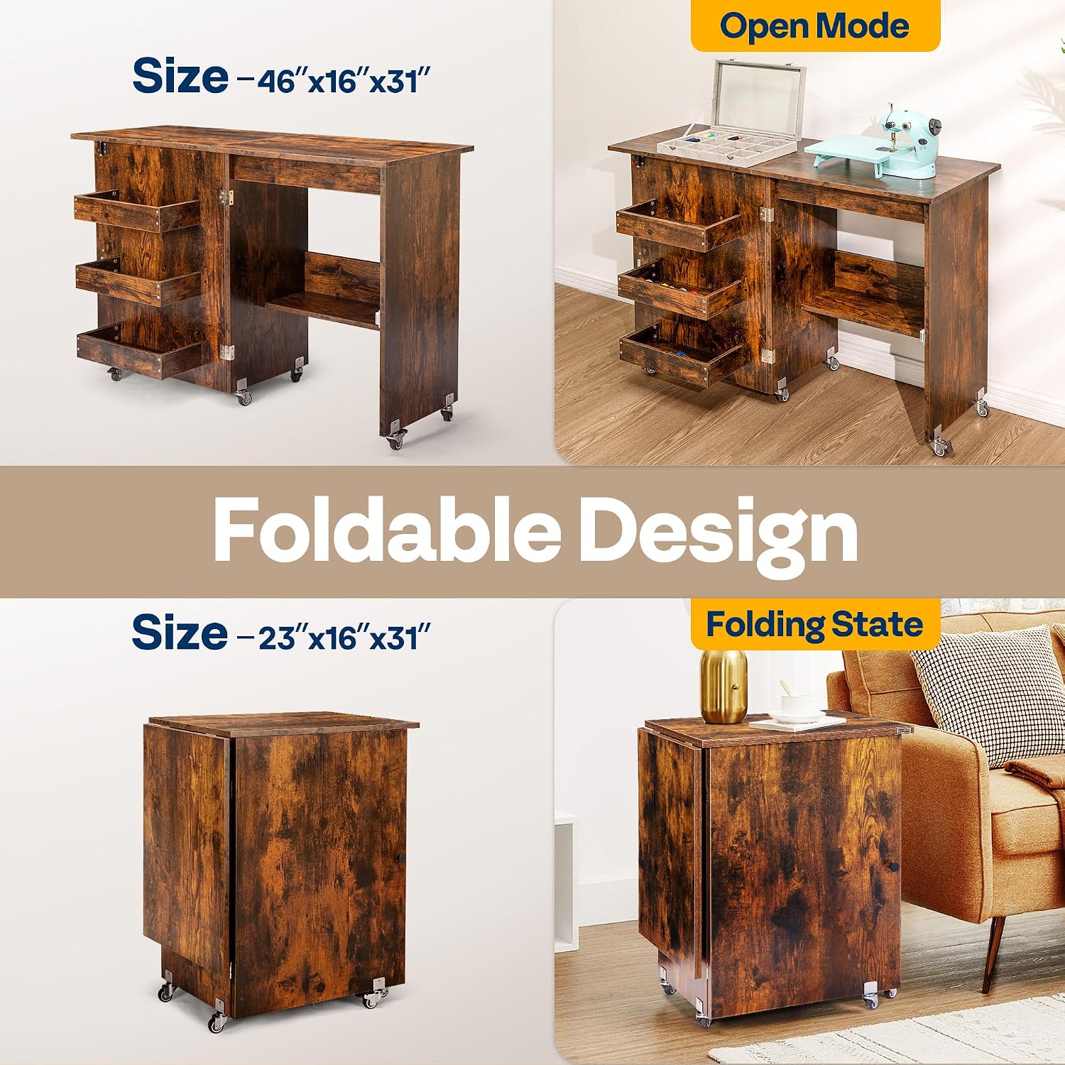 Detalle de VIVOHOME VH1080-BR Folding Sewing Table with Storage, Rustic Brown