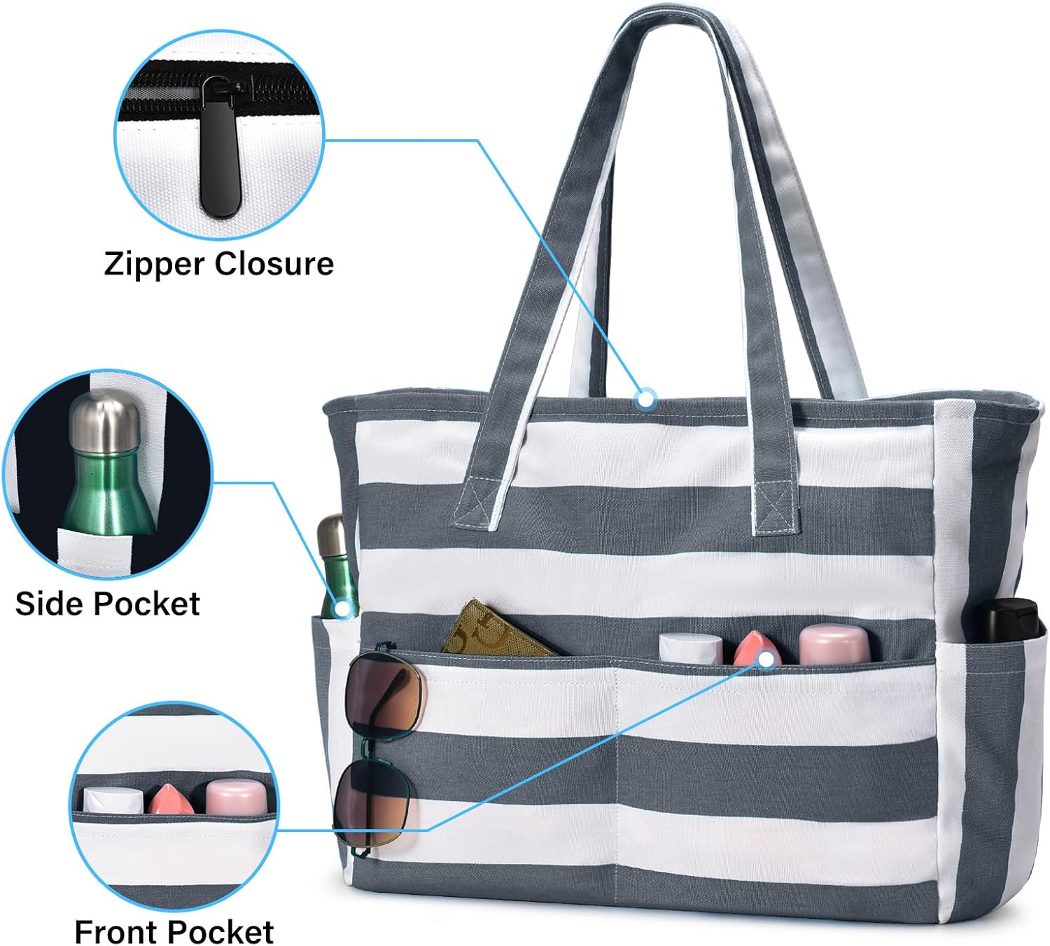 Detalle de oscaurt Large Beach Bag with 8 Pockets – Waterproof Tote for the Whole Family