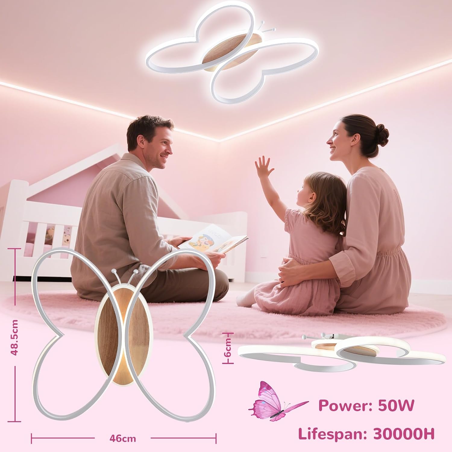 Detalle 2 de Dythwron Lampada da Soffitto a forma di farfalla per Cameretta – LED con telecomando, luce notturna e timer (Bianco, Ø48 cm)