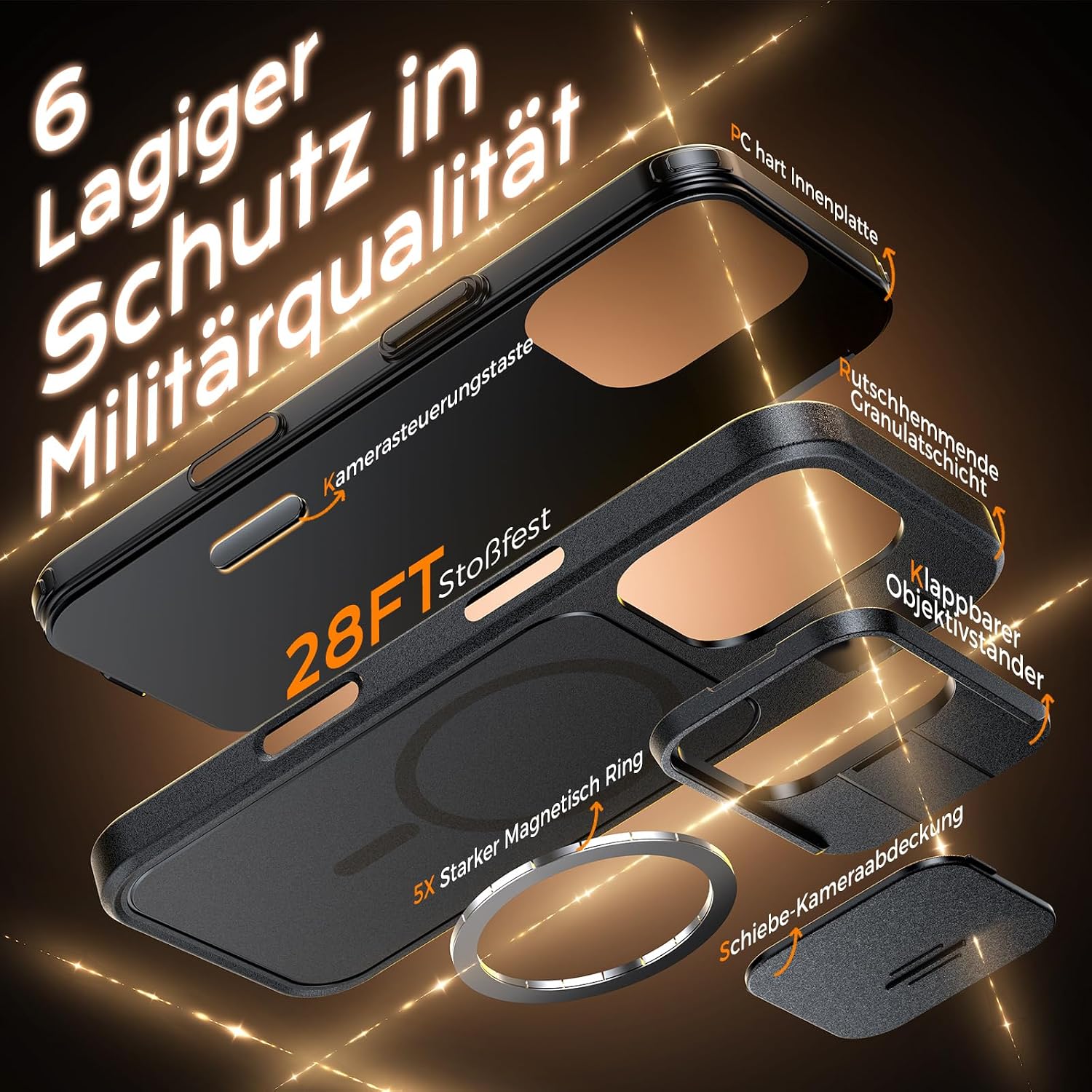 Thumbnail 6 de TOCOL Hülle für iPhone 16 Pro mitMagSafe, Ständer und verschiebbarem Kameraschutz – Schwarz