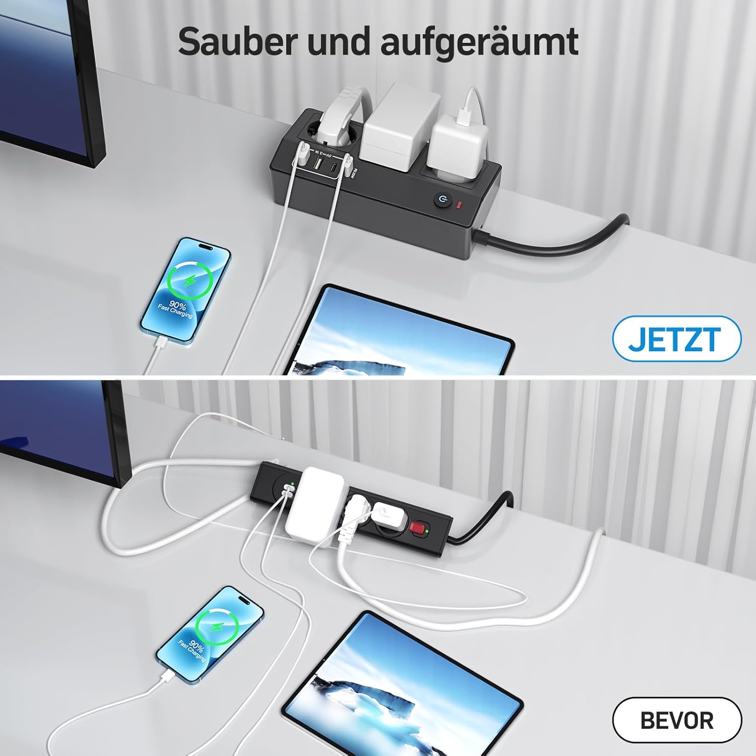 Detalle de STGAROT Tischsteckdose mit USB-C PD 20W – 3-fach Mehrfachsteckdose mit USB und Klemmvorrichtung