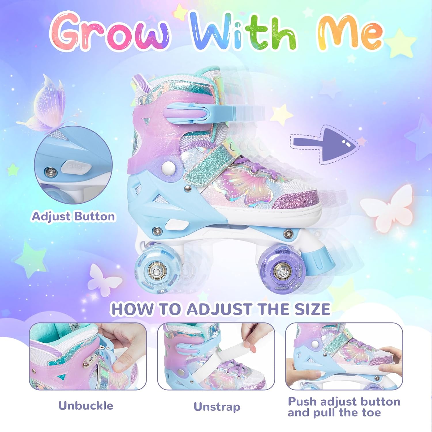 Thumbnail 1 de Nattork Kids Roller Skates (Adjustable 4-Size Quad Skates) with Light-Up Wheels