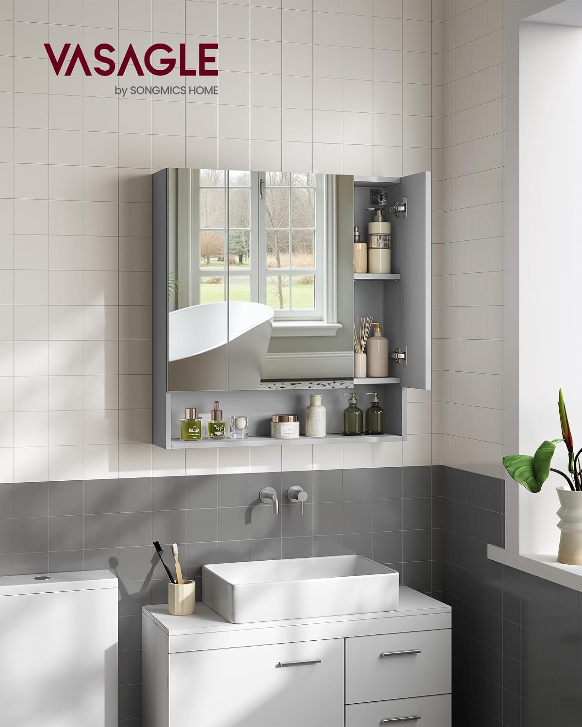 Detalle 2 de VASAGLE KAILYN BBK129G01 Bathroom Mirror Cabinet, Dove Grey, 70 x 16.5 x 75 cm